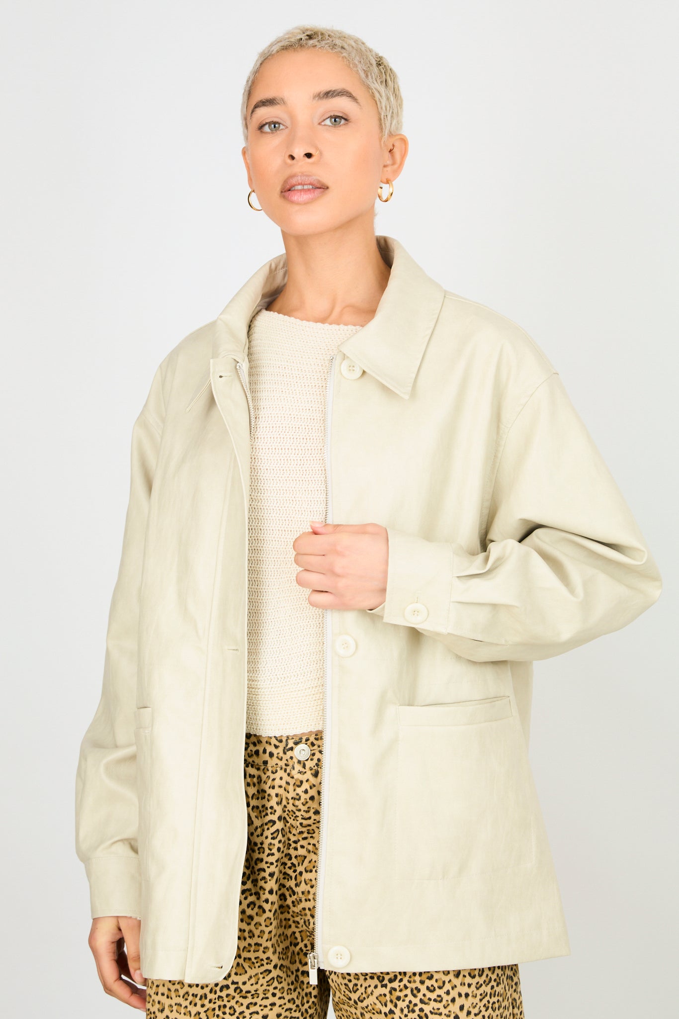 Beige vegan leather cinch waist jacket_3