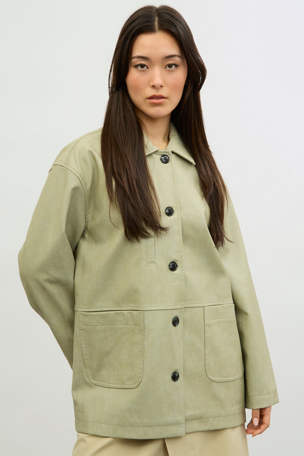 Beige vegan leather patch pocket contrast button jacket_1