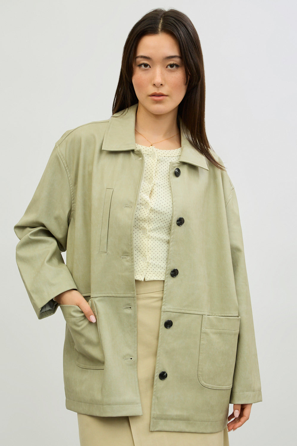Beige vegan leather patch pocket contrast button jacket_3