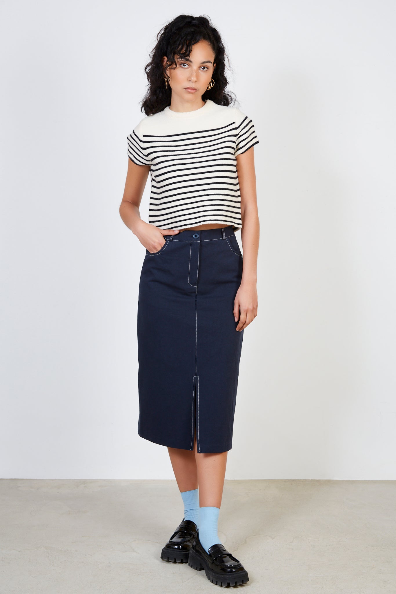 Beige and black striped knit tee_4