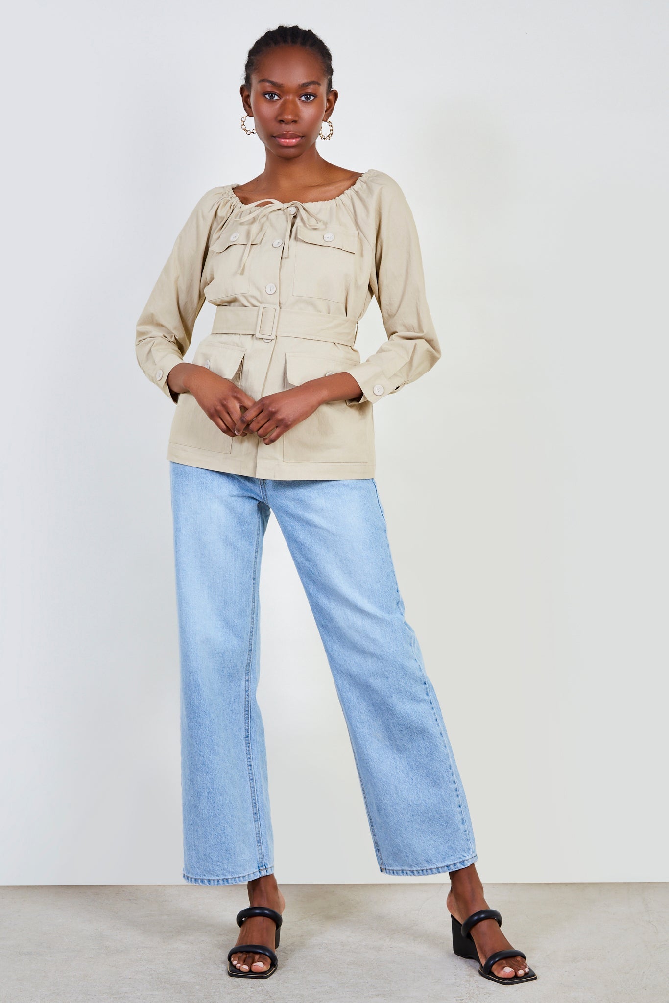 Beige belted off shoulder shirt jacket_2