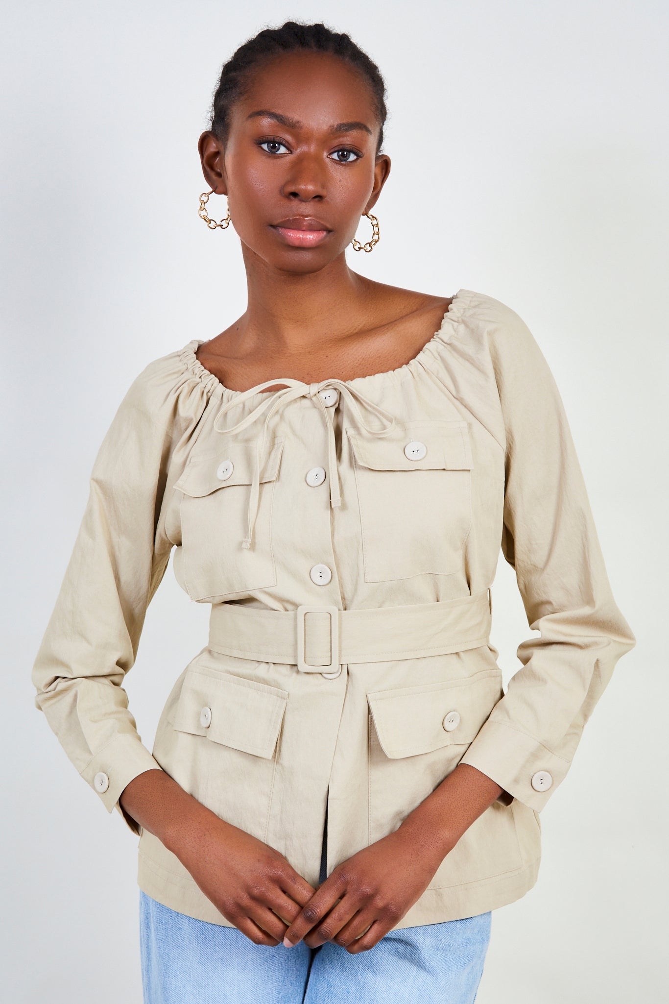 Beige belted off shoulder shirt jacket_1