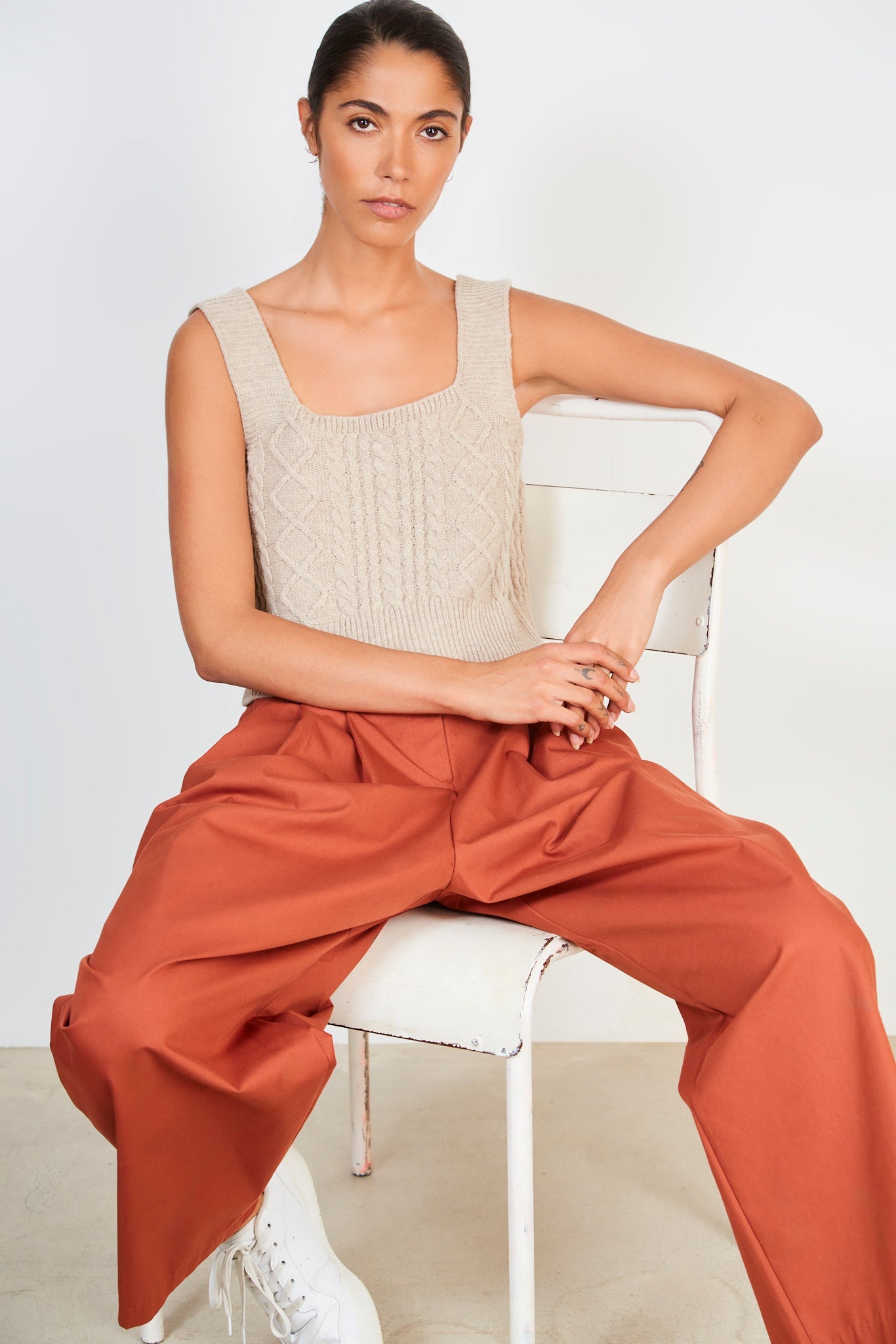 Beige cableknit thick strap tank_5