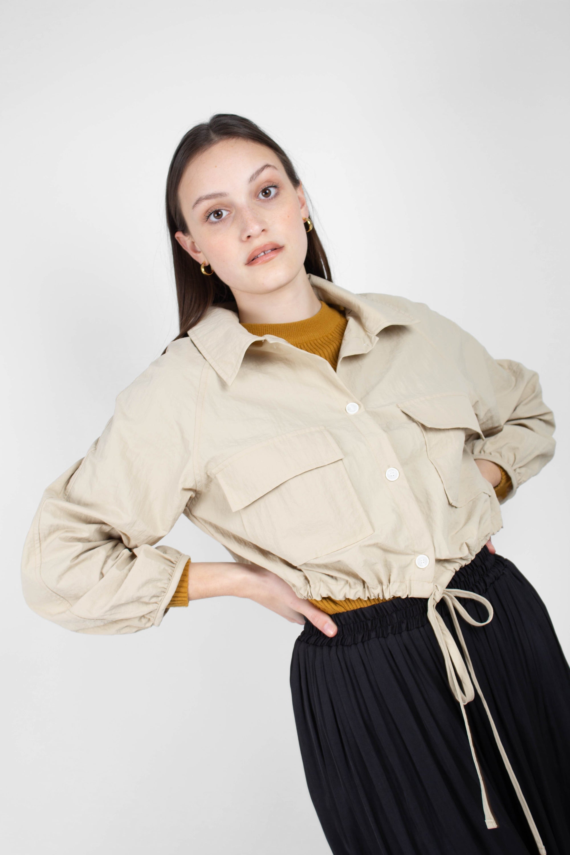 Beige drawstring hem shirt jacket_1