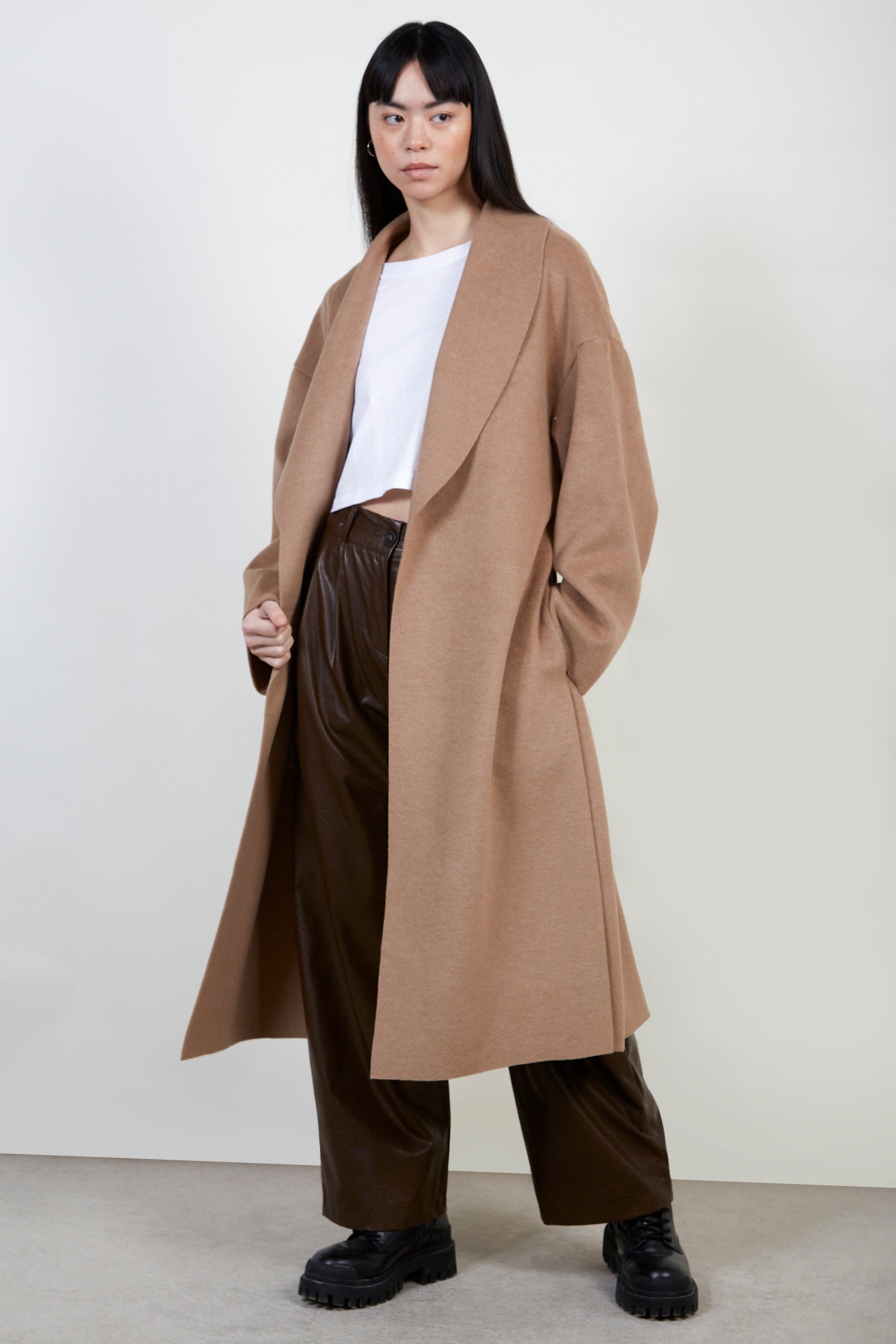 Beige felted wool blend shawl coat_2