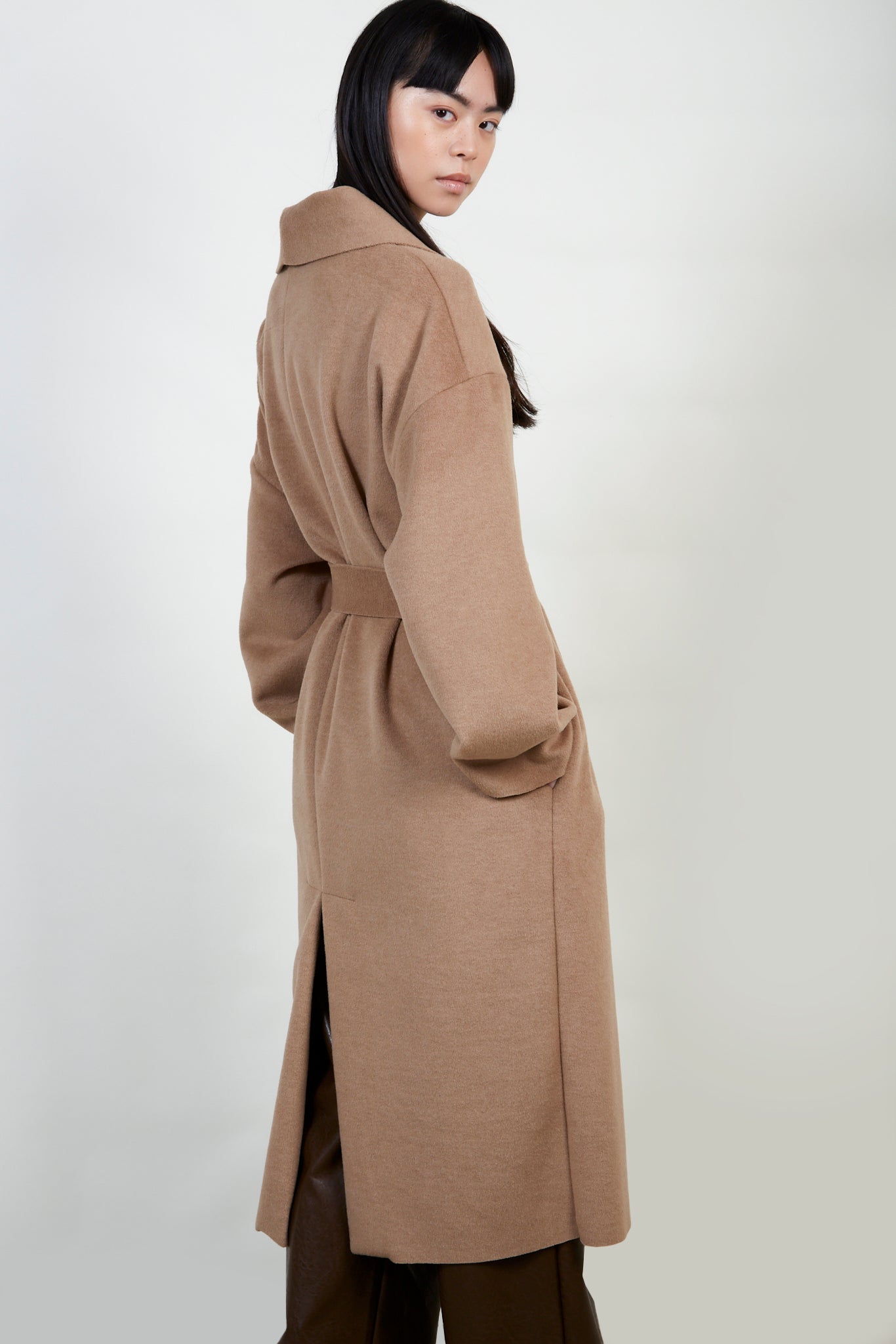 Beige felted wool blend shawl coat_7