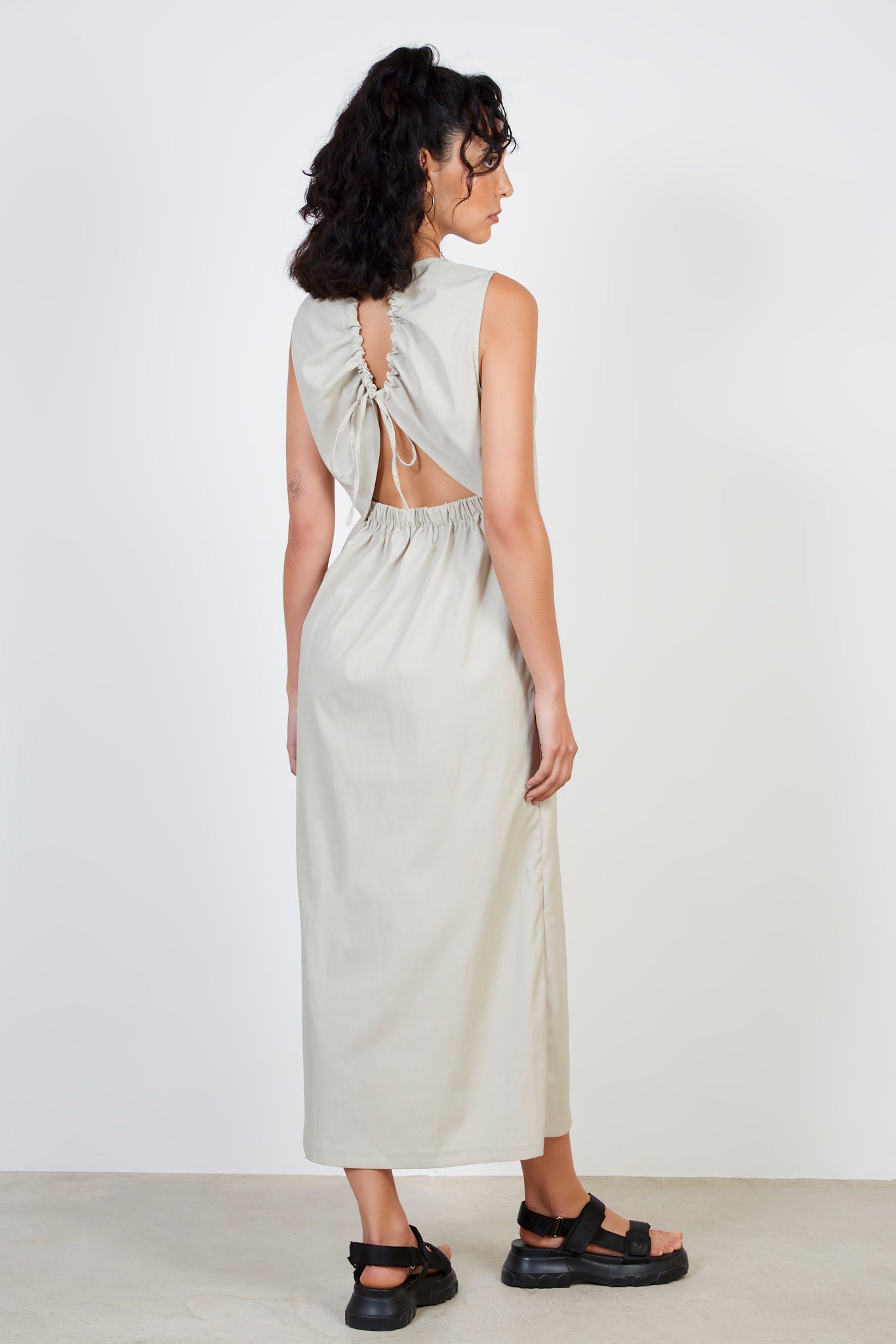 Beige looped tie back dress_1