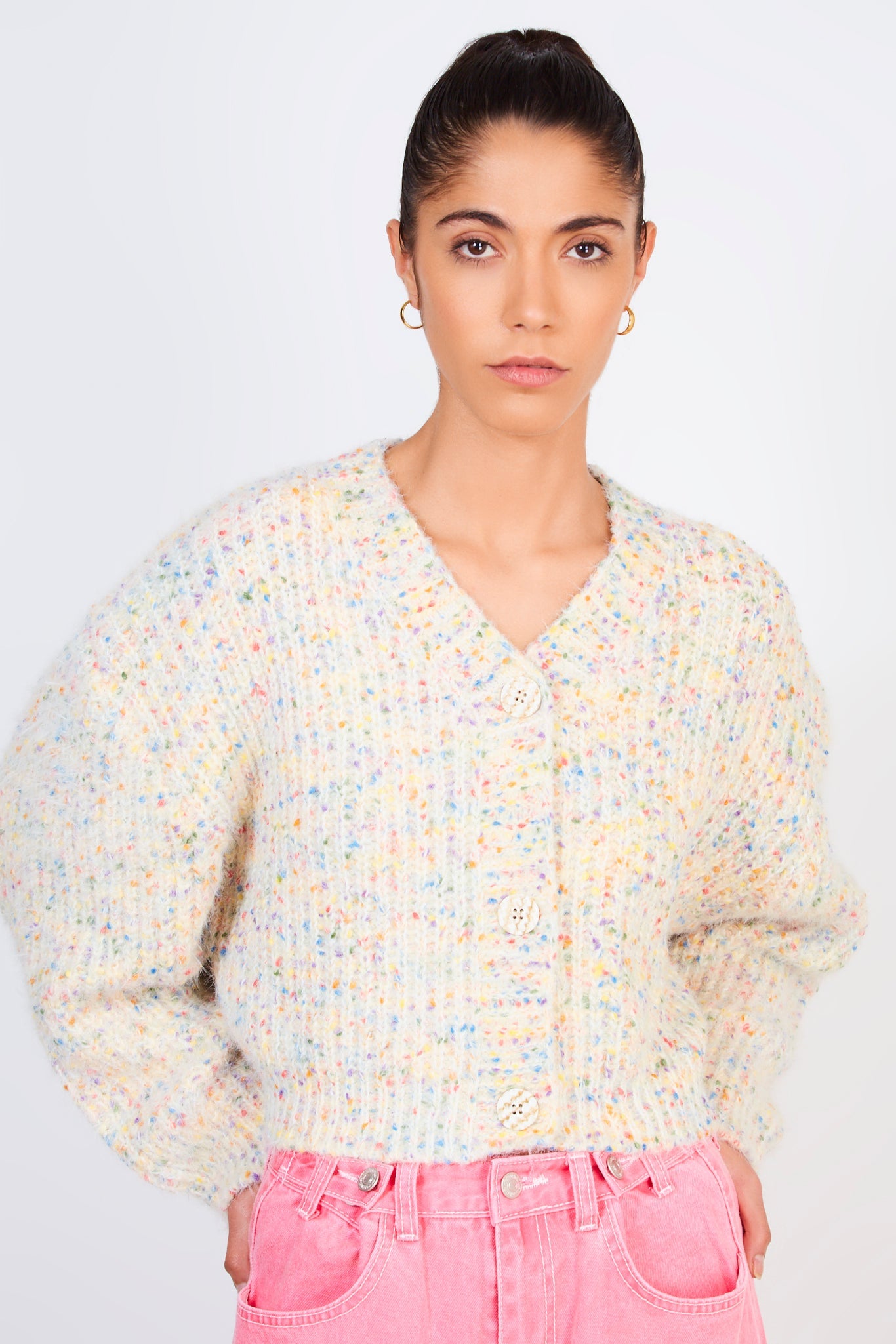 Beige rainbow fleck knit cardigan_1