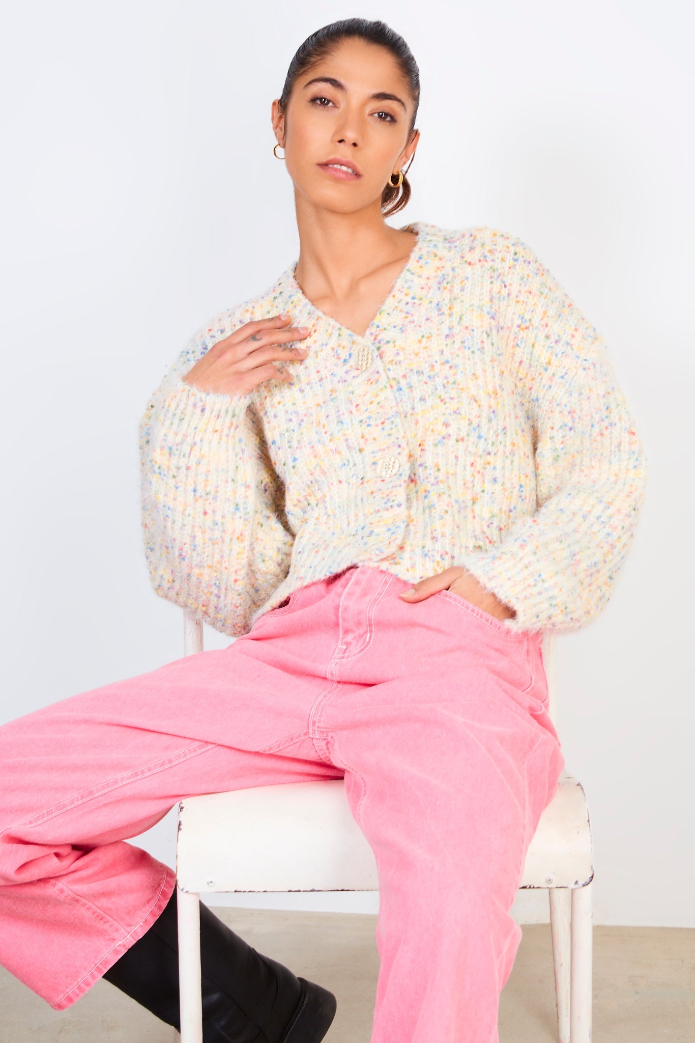 Beige rainbow fleck knit cardigan_5