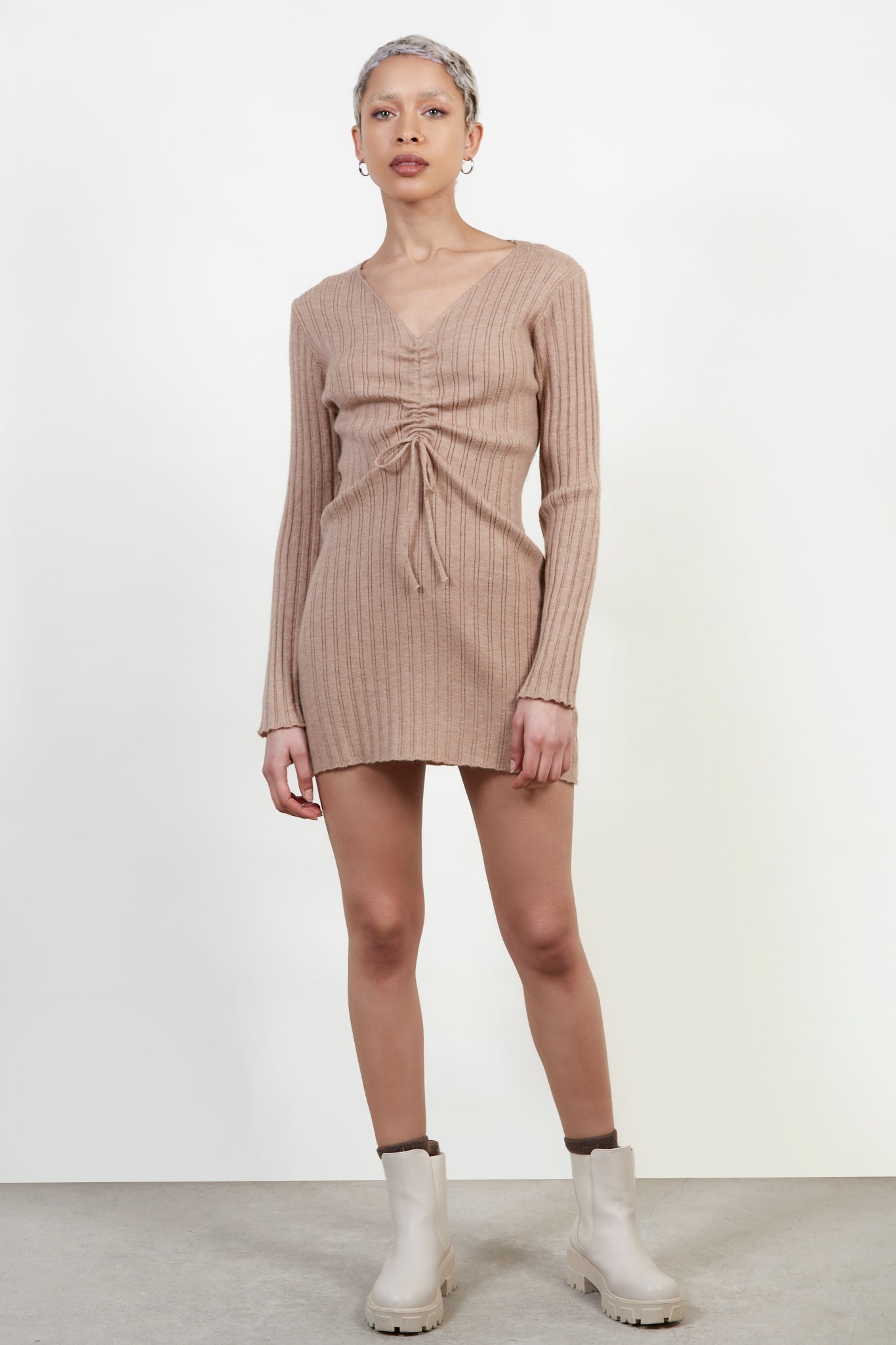 Beige ribbed pull front knit mini dress_2