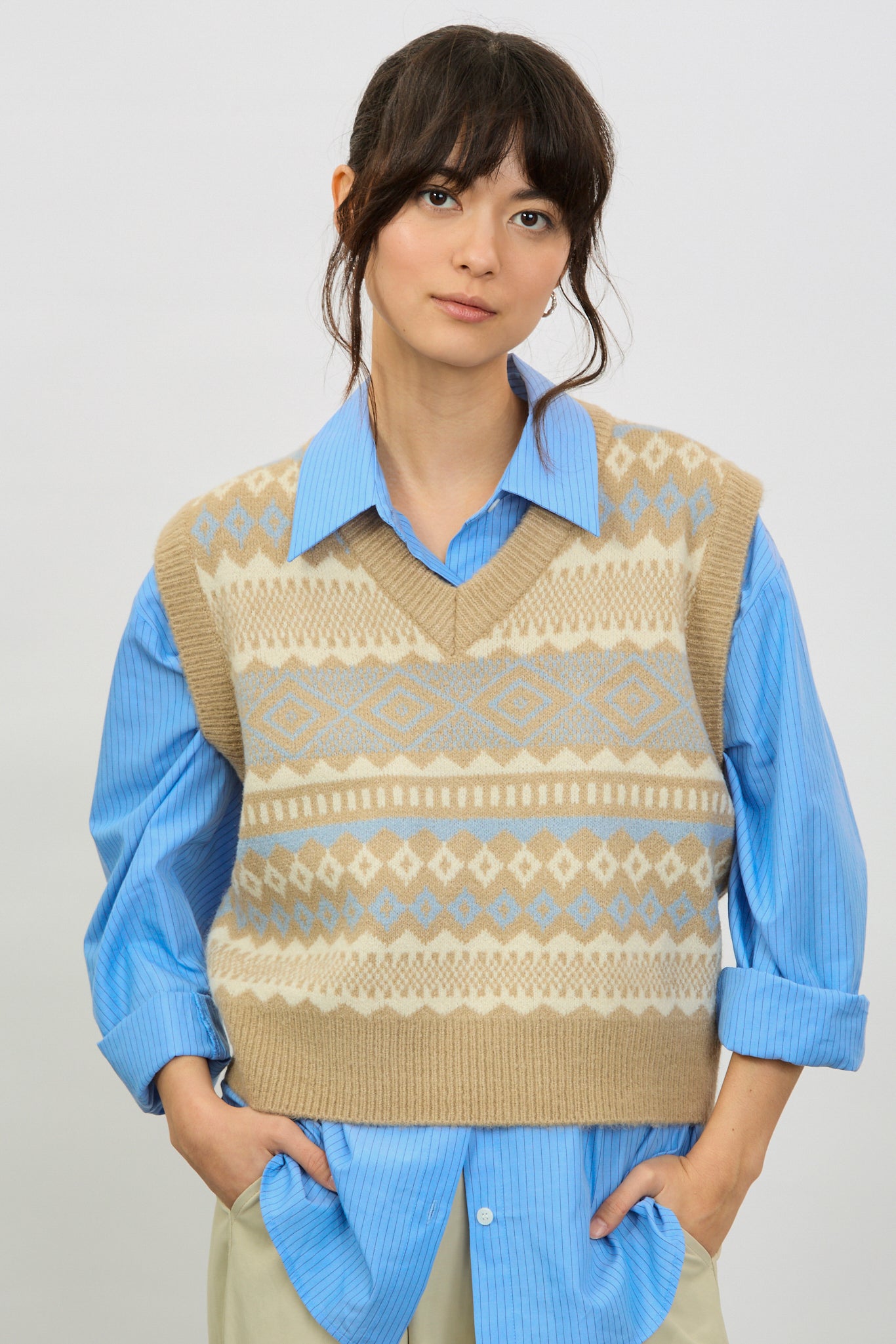 Beige ivory and blue fair isle vest_1