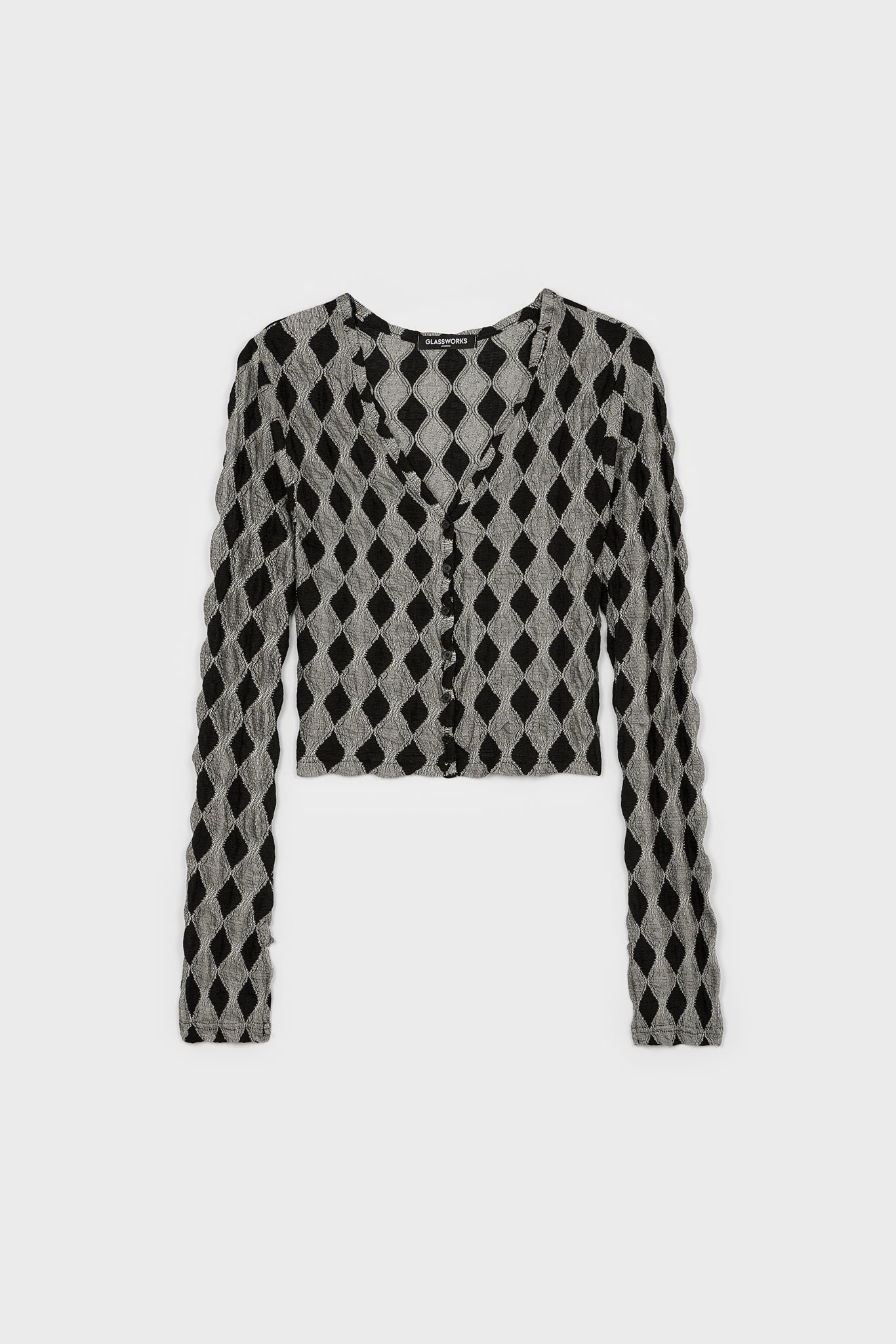 Black and grey diamond pattern button up top_1
