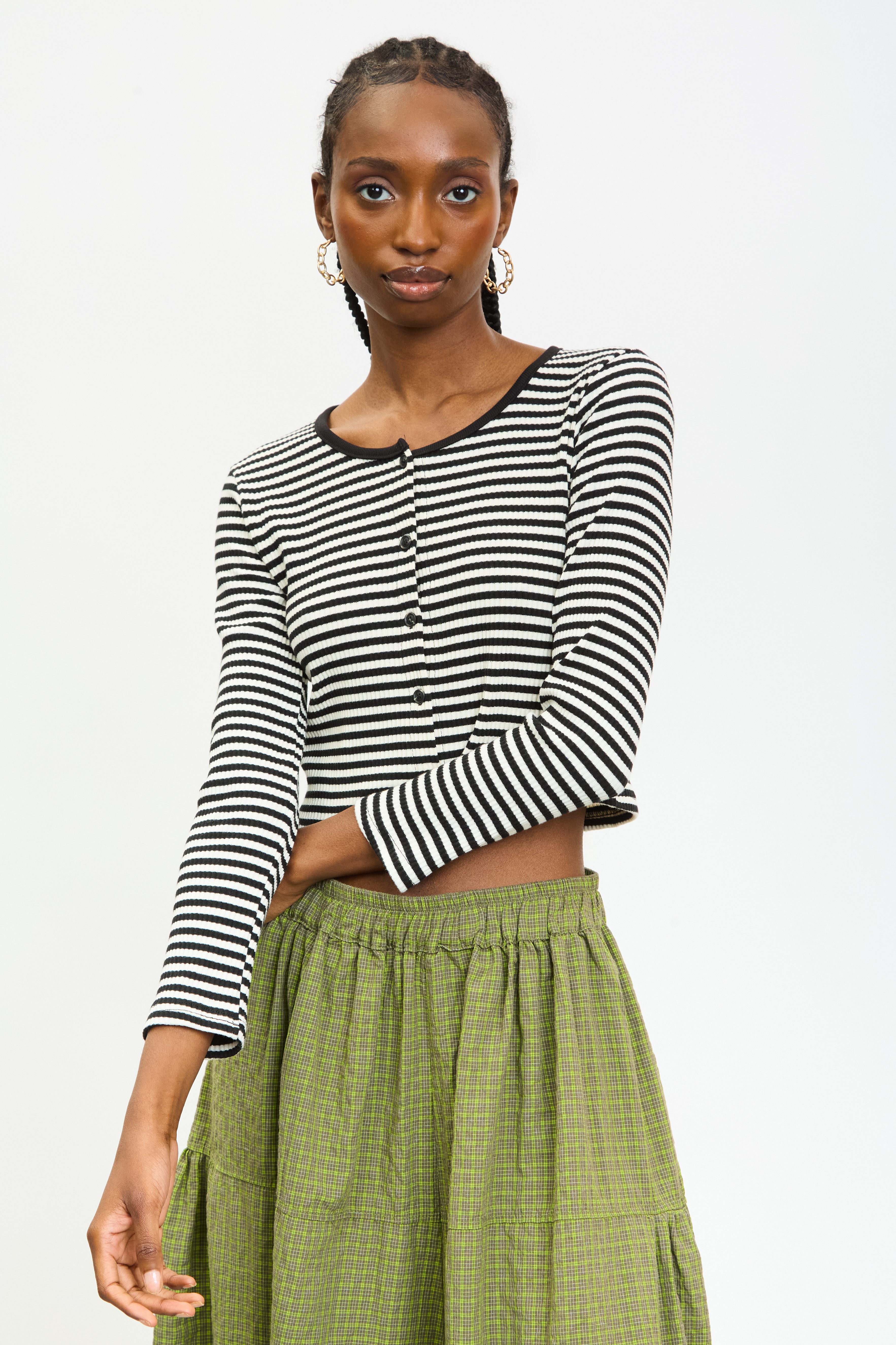 Black and ivory horizontal stripe button front top_1