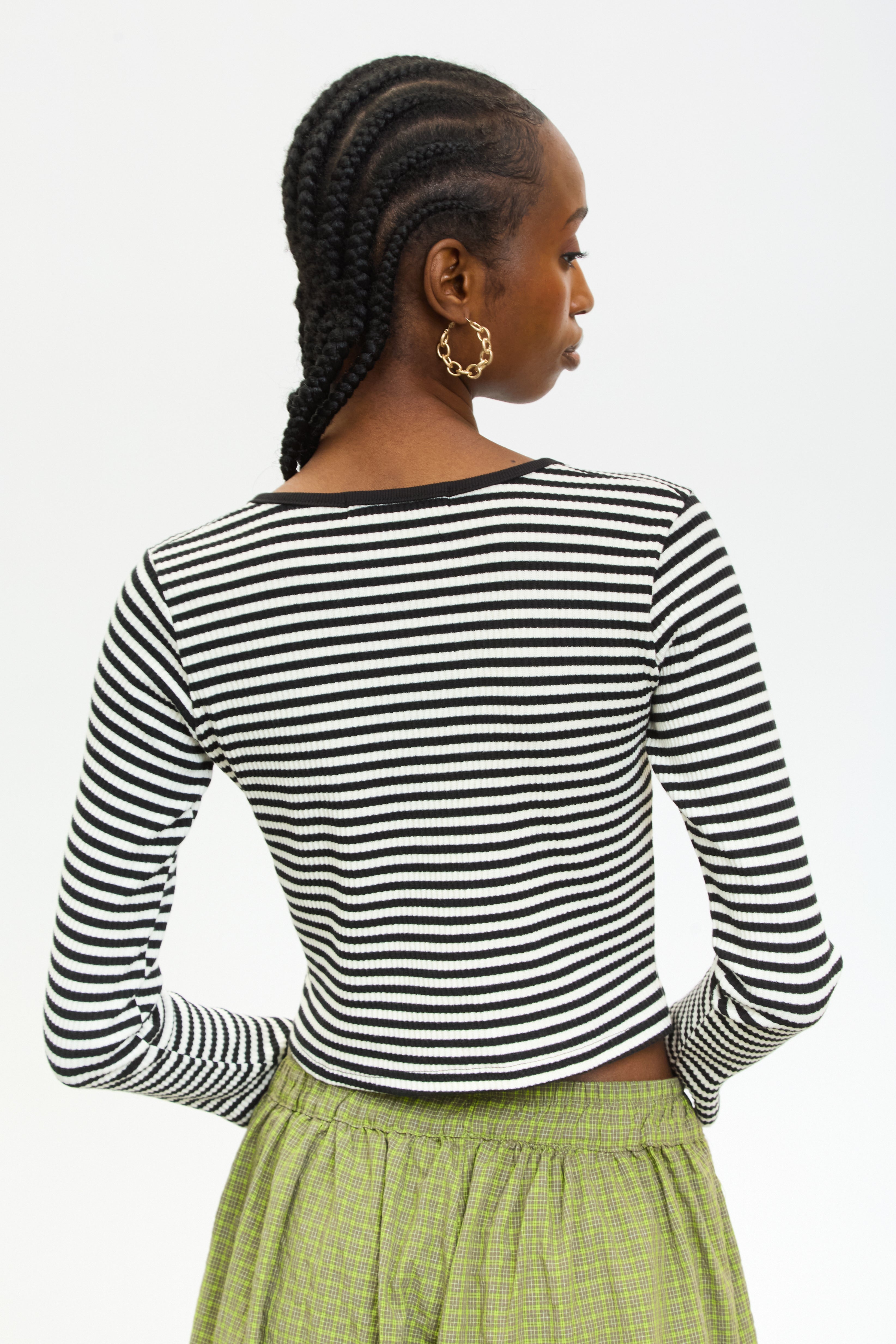 Black and ivory horizontal stripe button front top_2