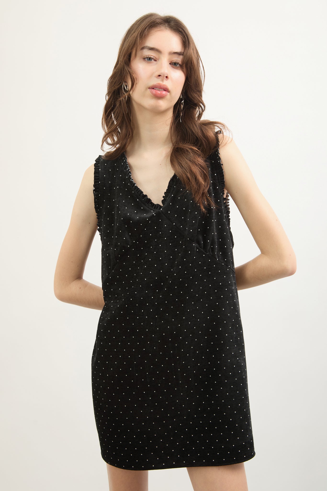 Black and ivory polka dot ruffle trim tie back mini dress_3