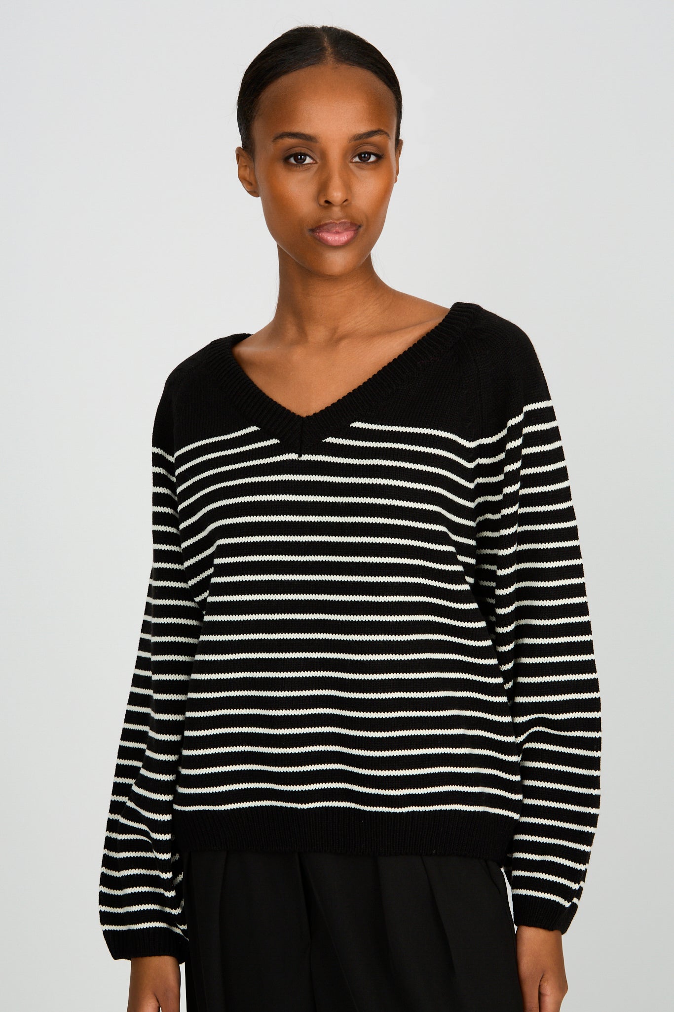 Black and ivory striped V neck jumper_2