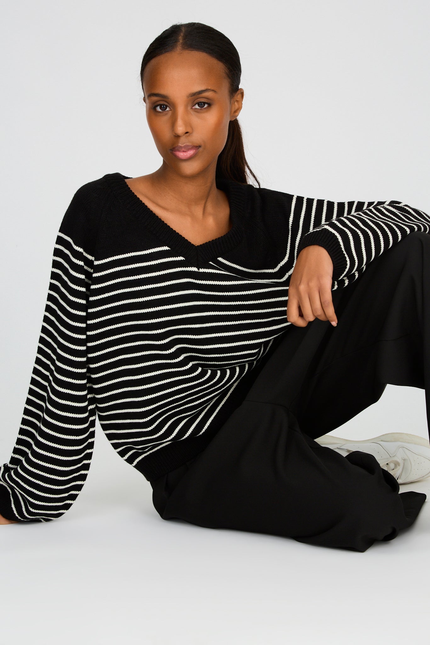 Black and ivory striped V neck jumper_1