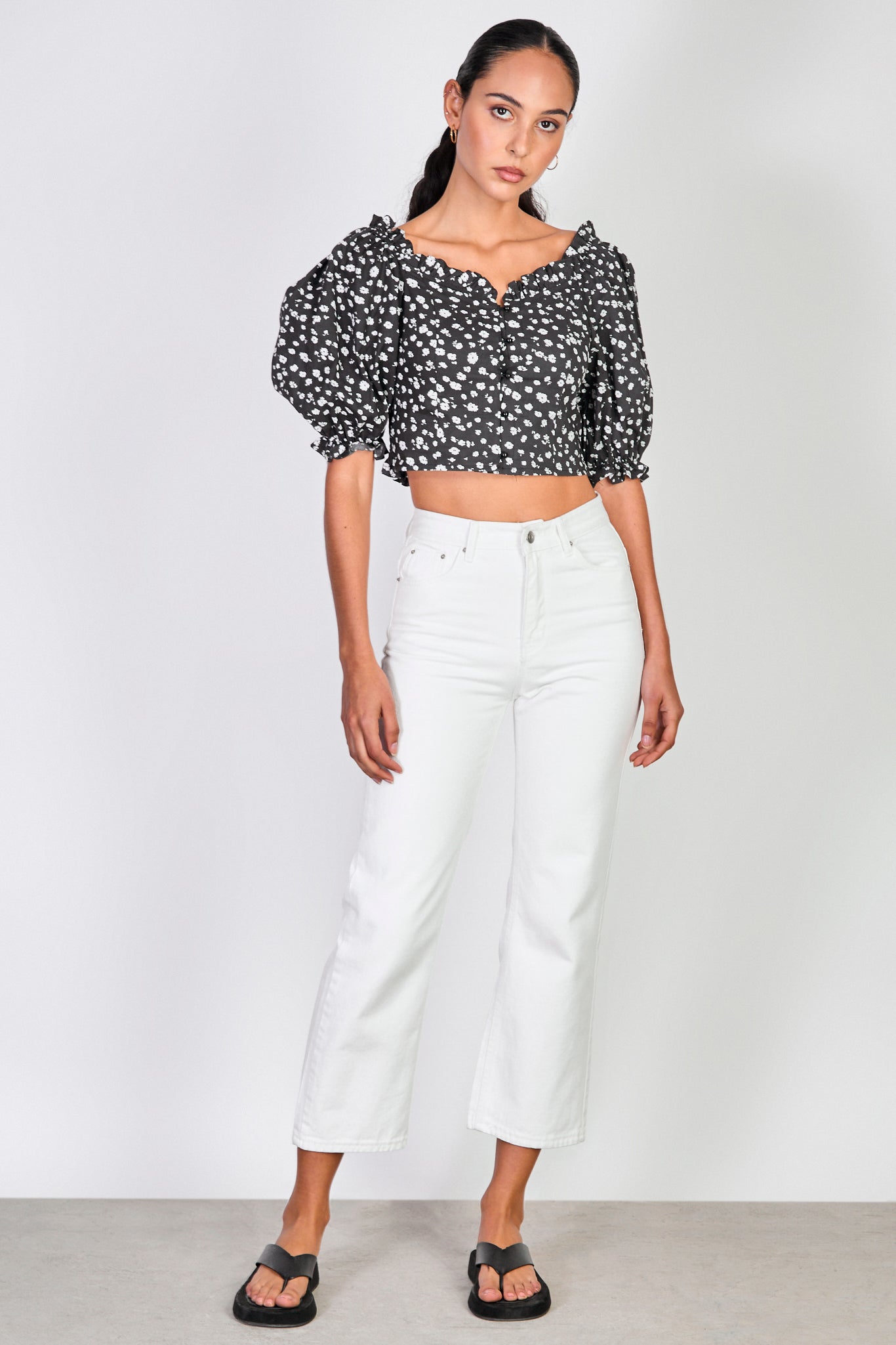 Black and white floral print puff sleeve top_4