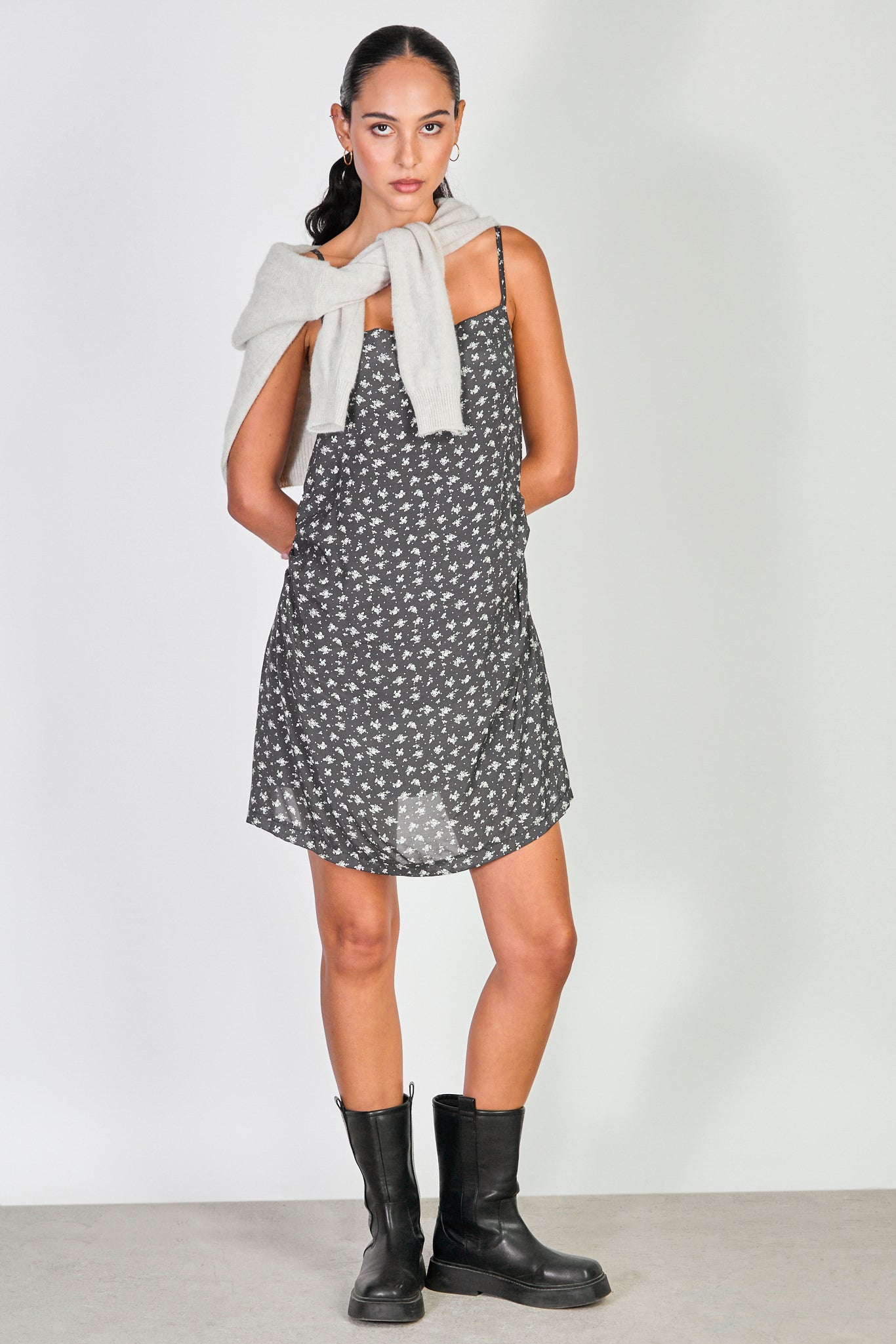 Black and white floral print spaghetti strap mini dress_1