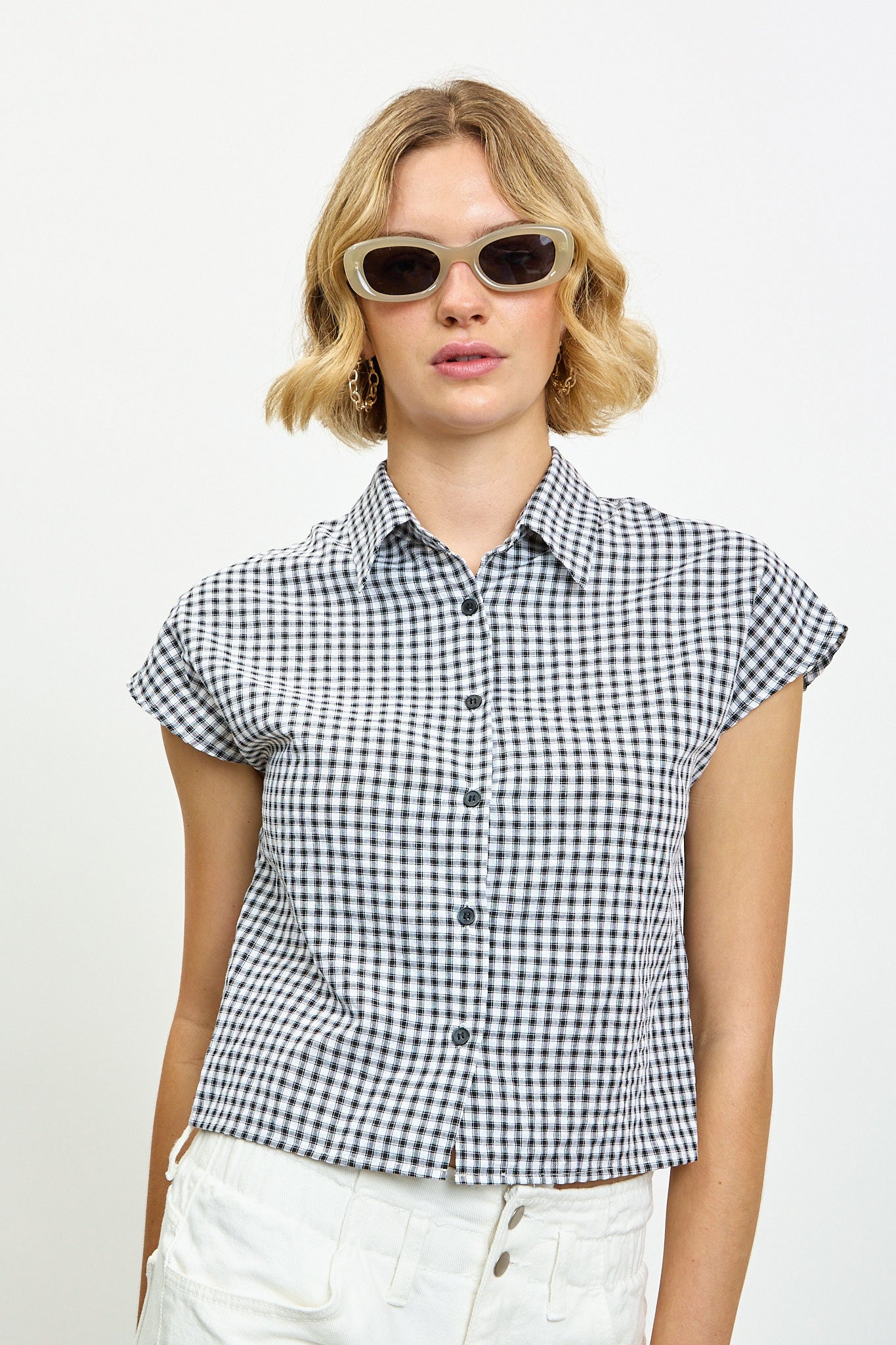 Black and white gingham short sleeve shirt_1