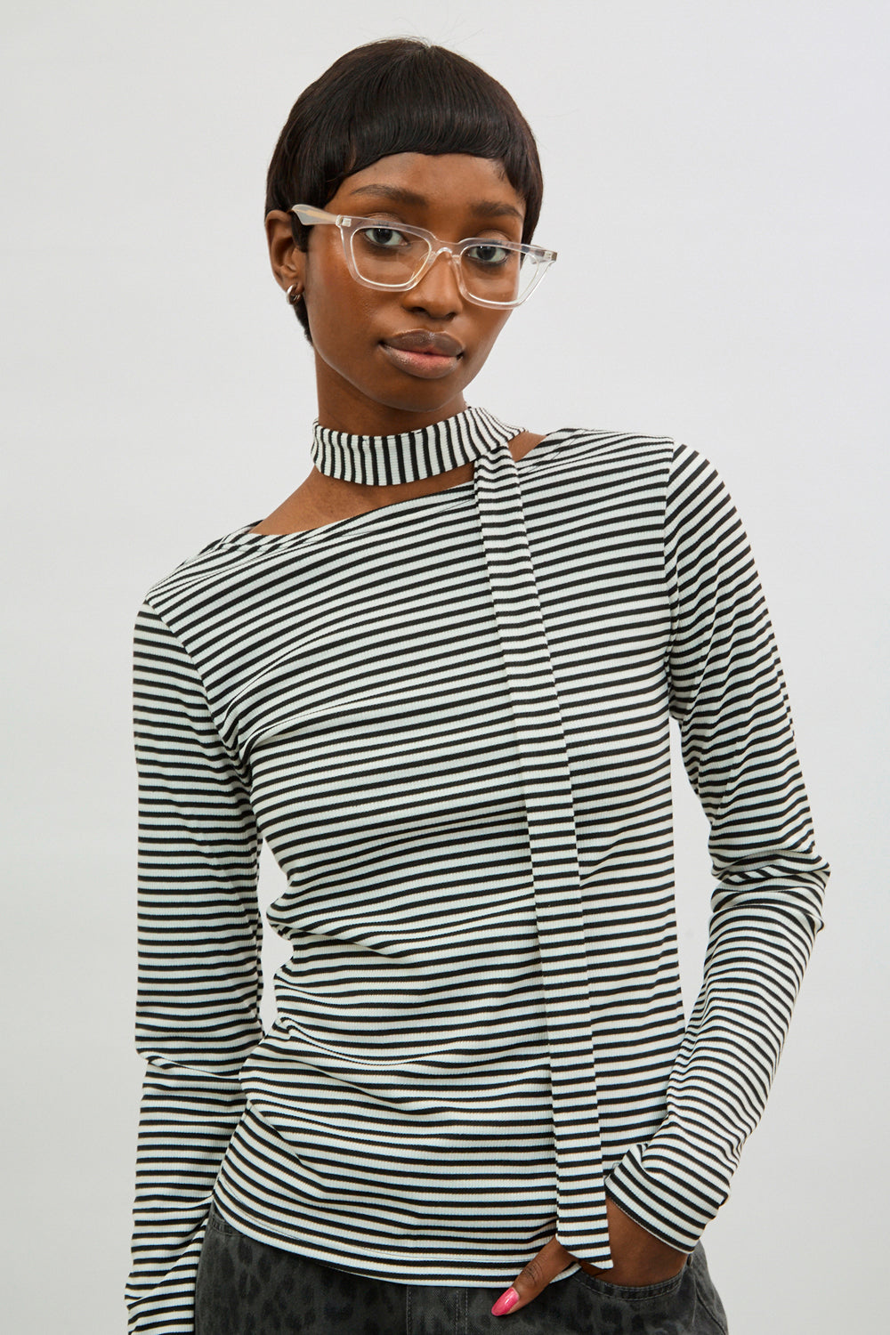 Black and white horizontal striped tie neck top_1