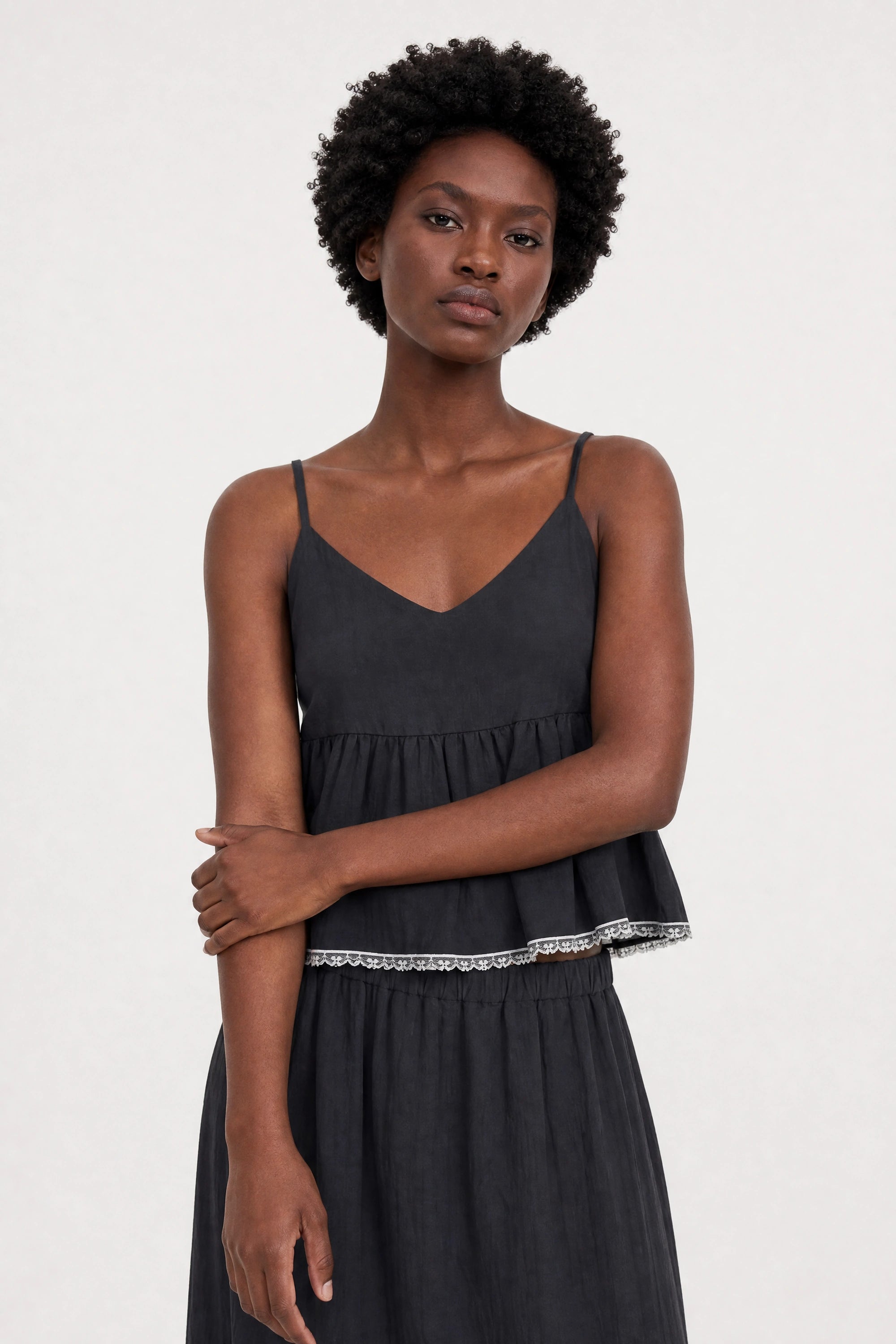 Black and white lace trimmed silky tank_1