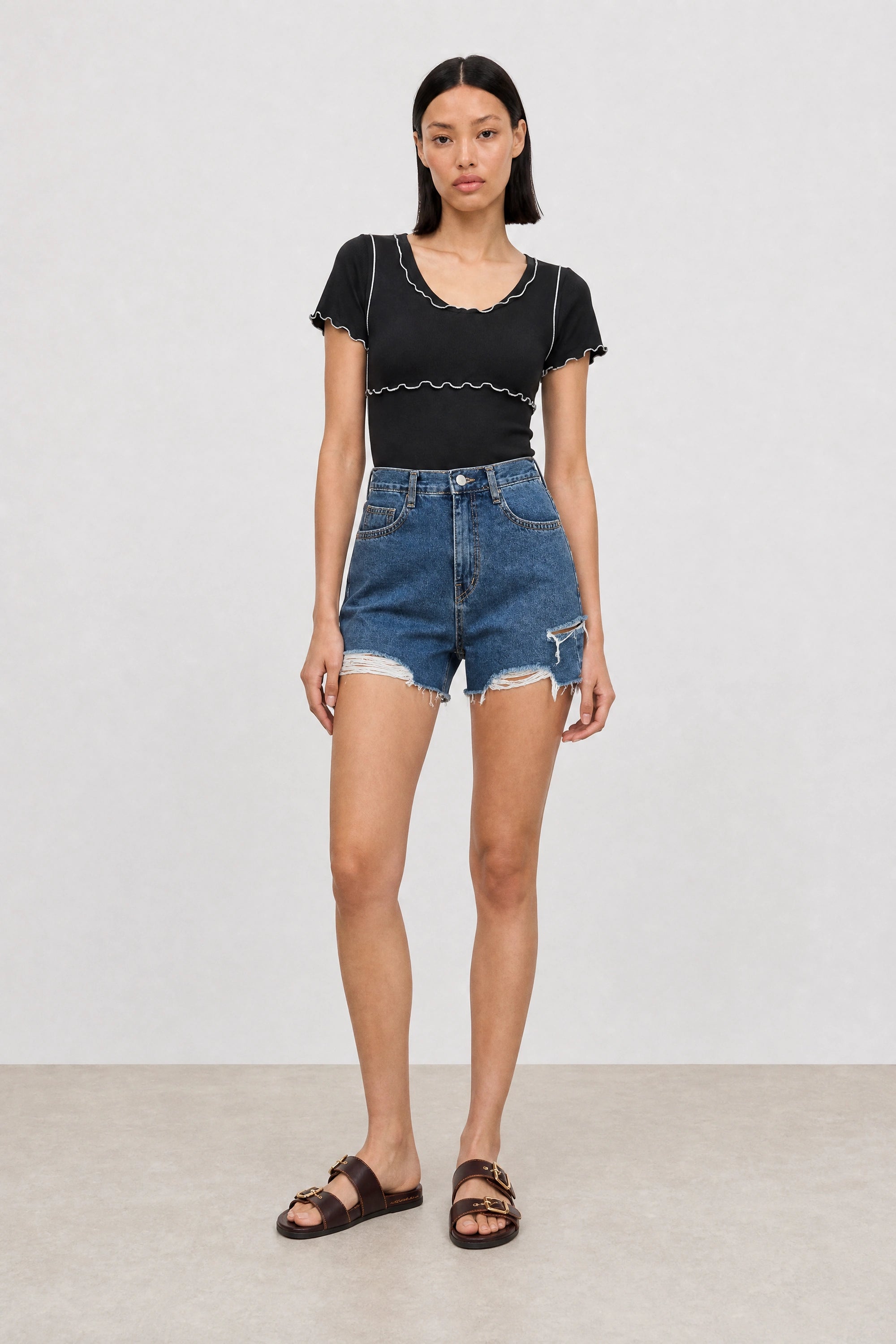 Black and white lettuce trim double layer tank tee_4