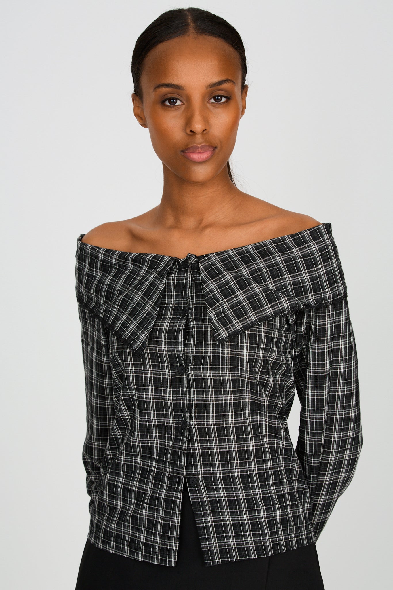 Black and white plaid large collar off shoulder shirt blouse_1