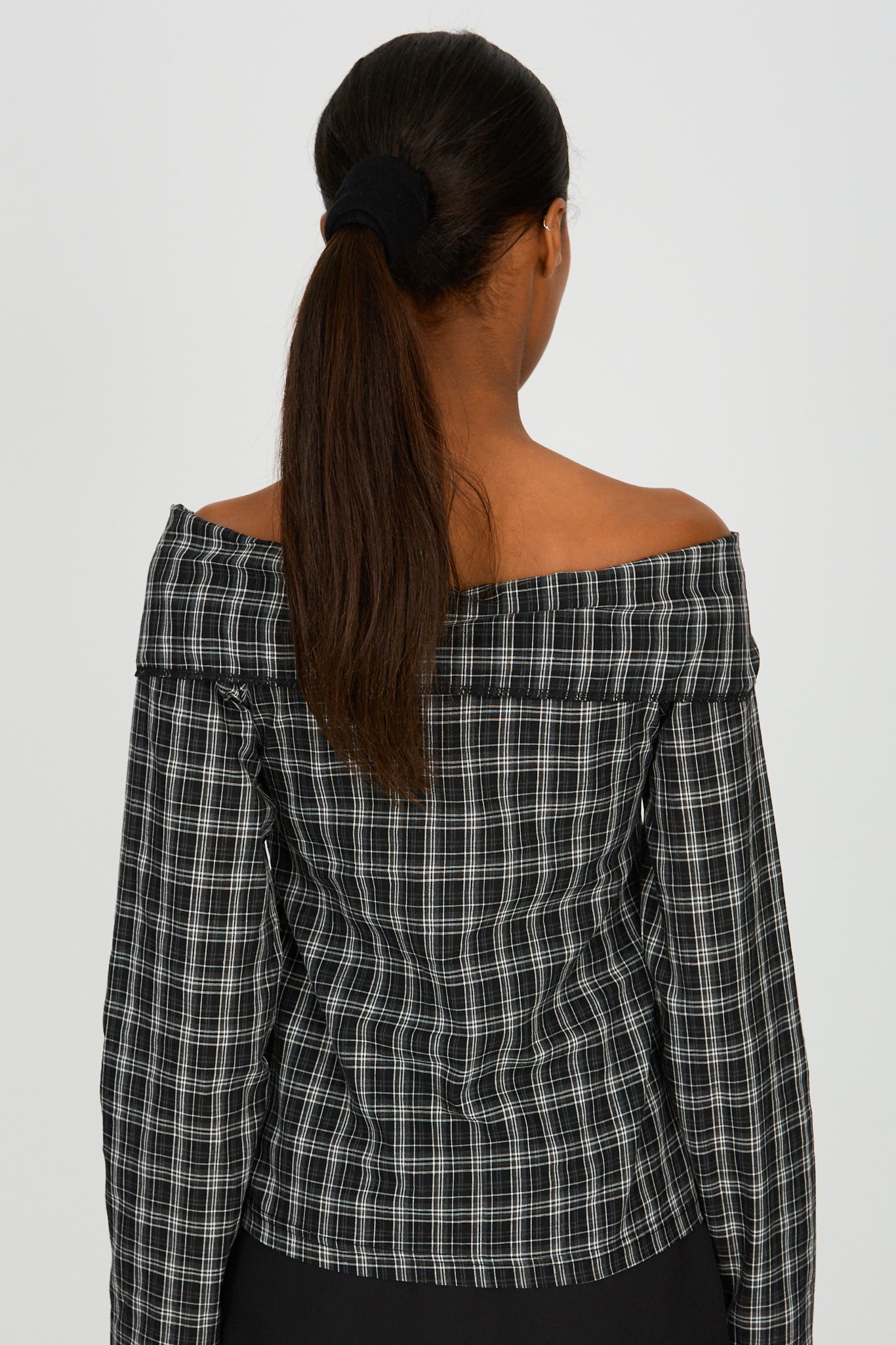 Black and white plaid large collar off shoulder shirt blouse_2