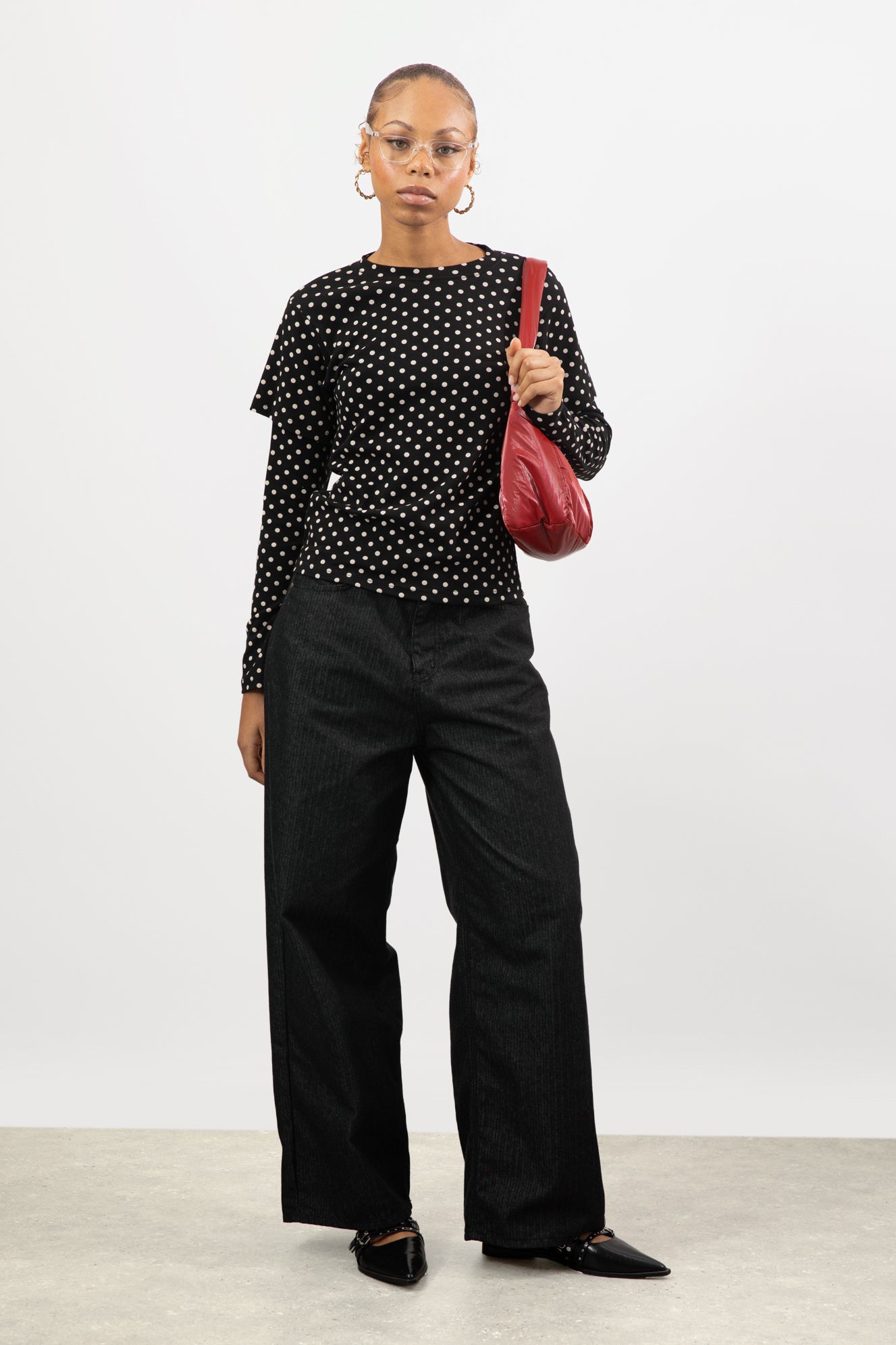 Black and white polka dot layered long sleeve top_5
