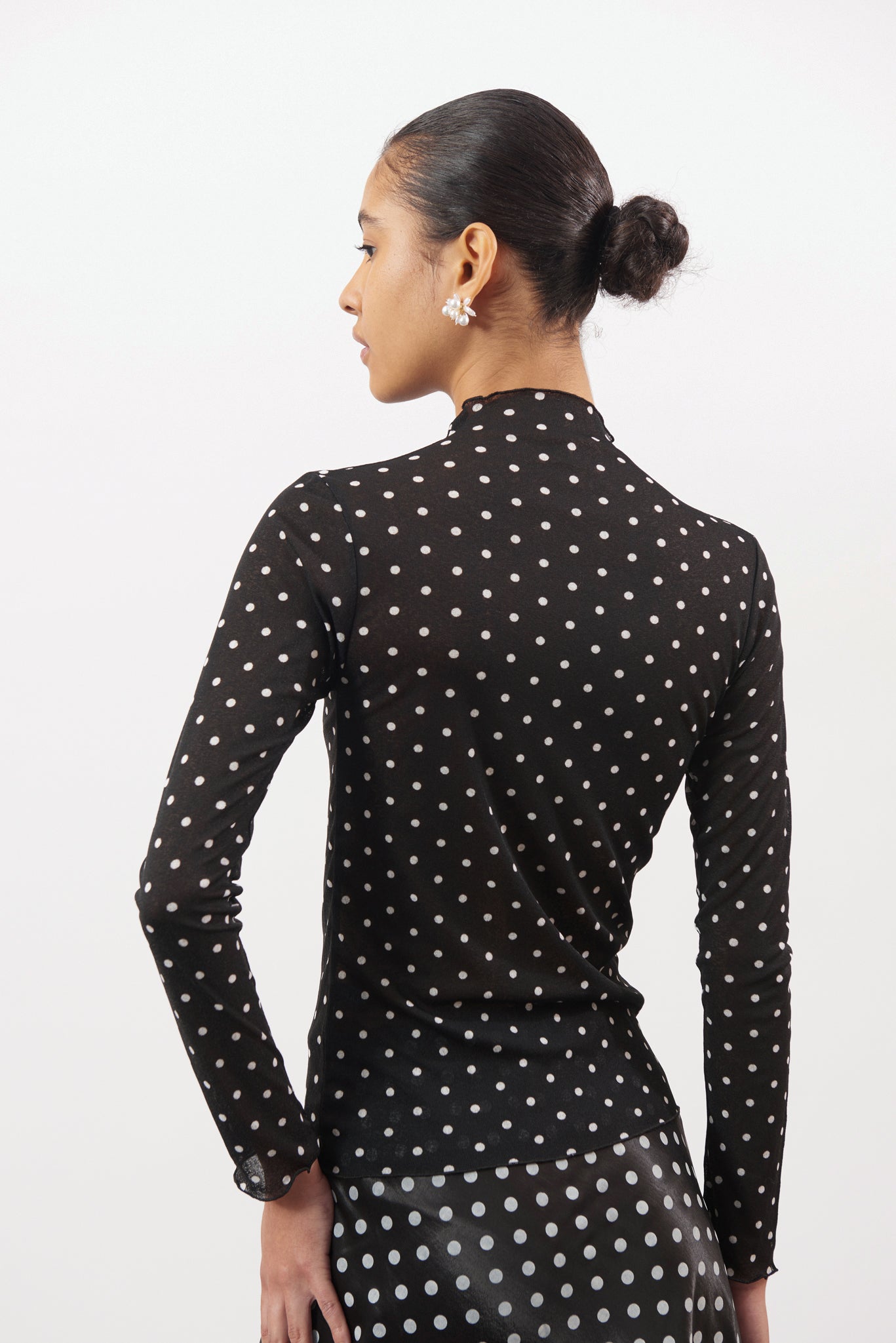 Black and white large polka dot mock neck top_2