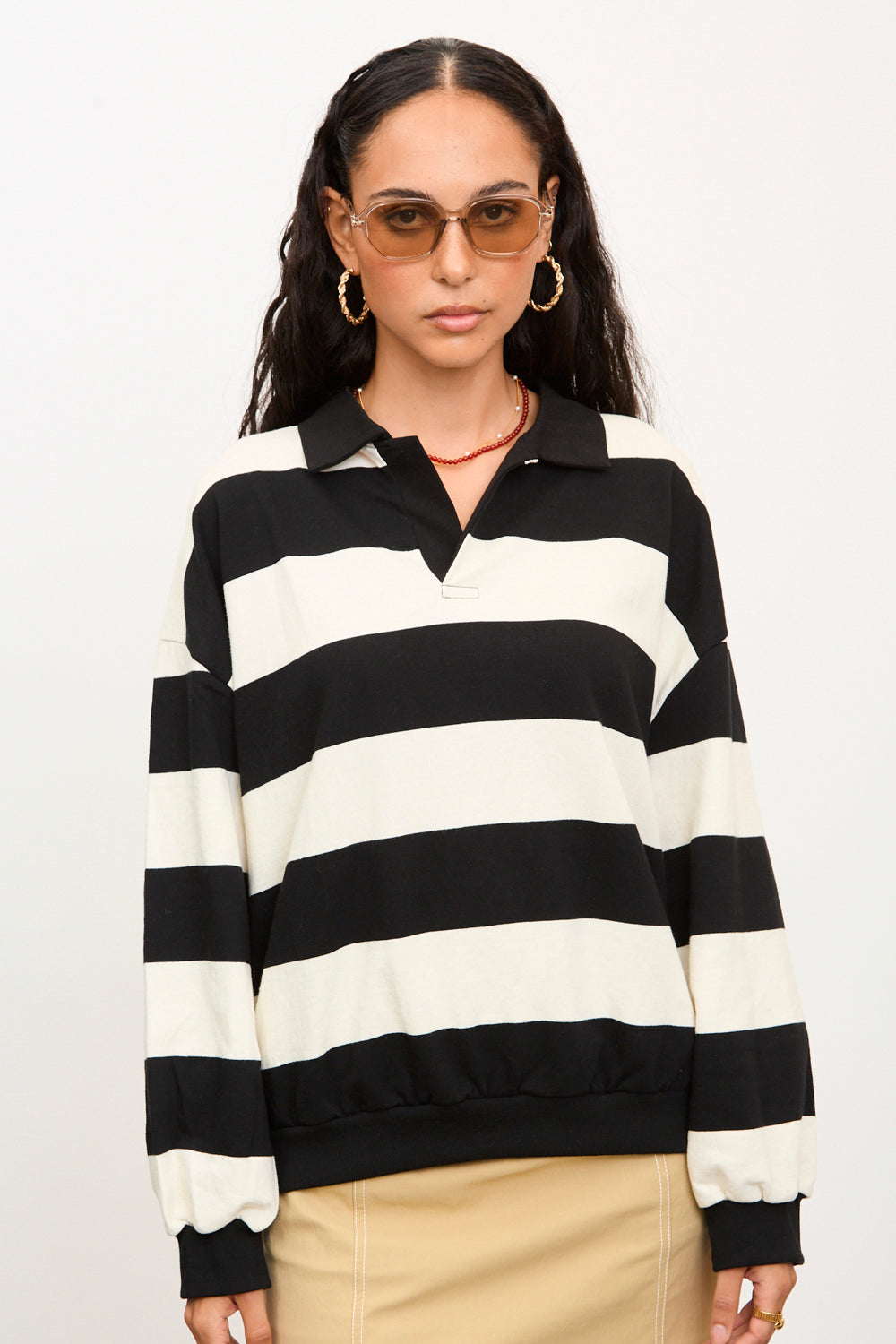 Black and white thick block striped rugby shirt_1