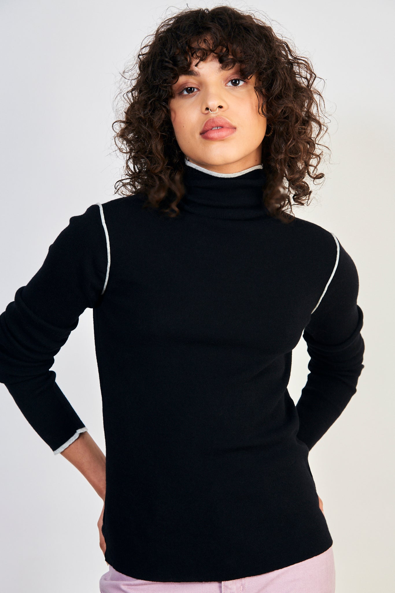 Black and white trim turtleneck top_1