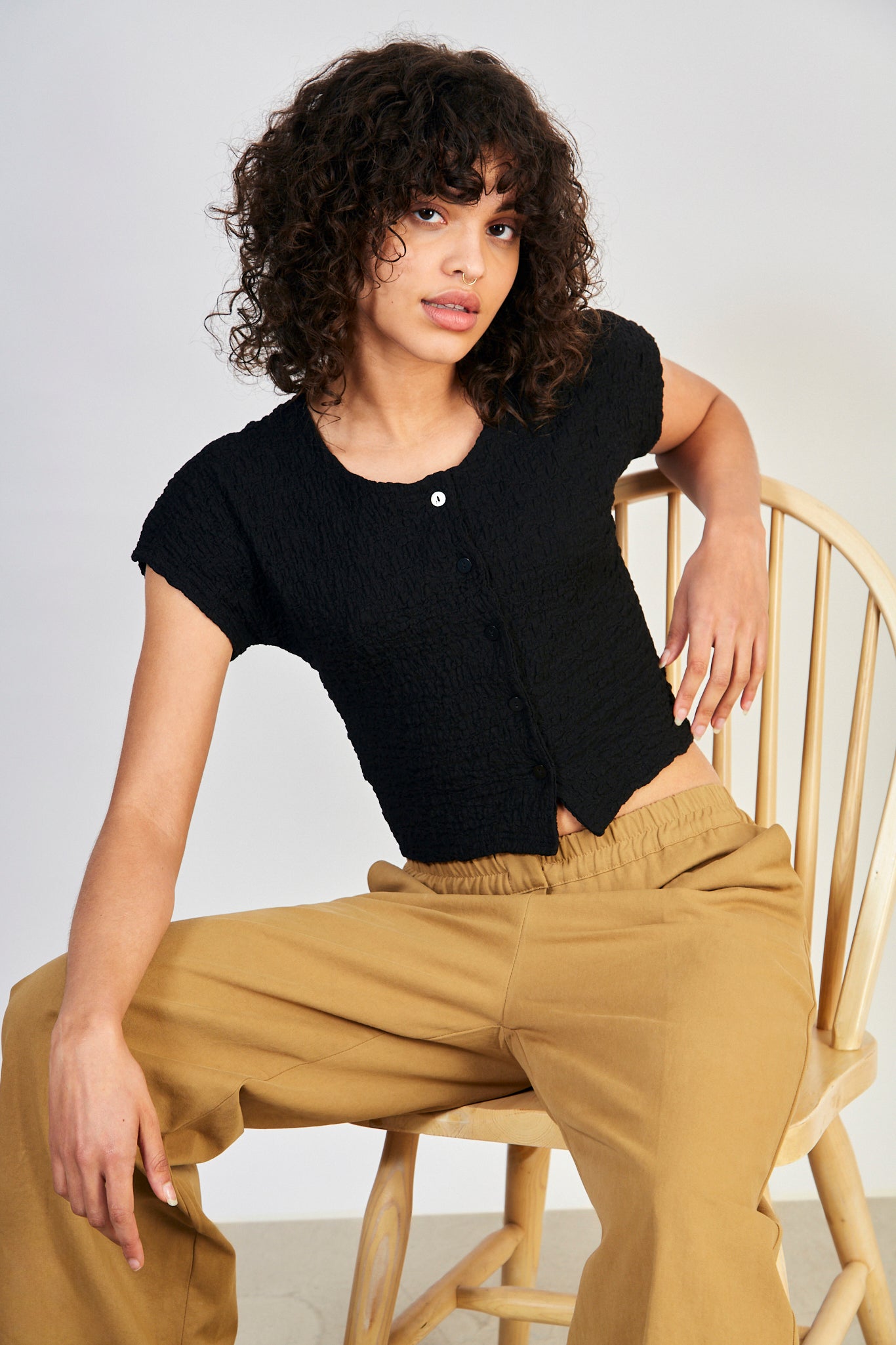 Black button front short sleeved top_4