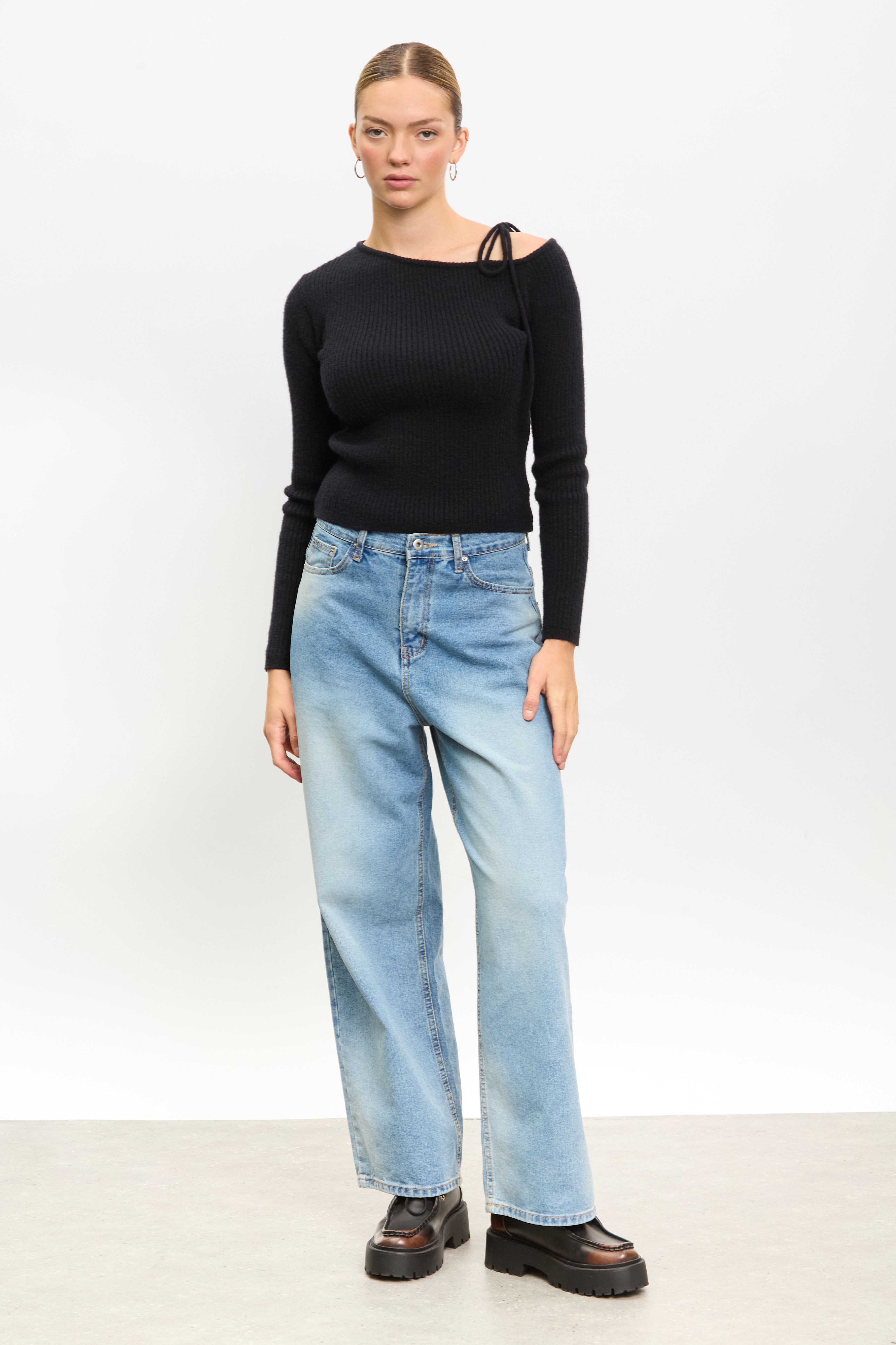 Black one shoulder tie knit top_4