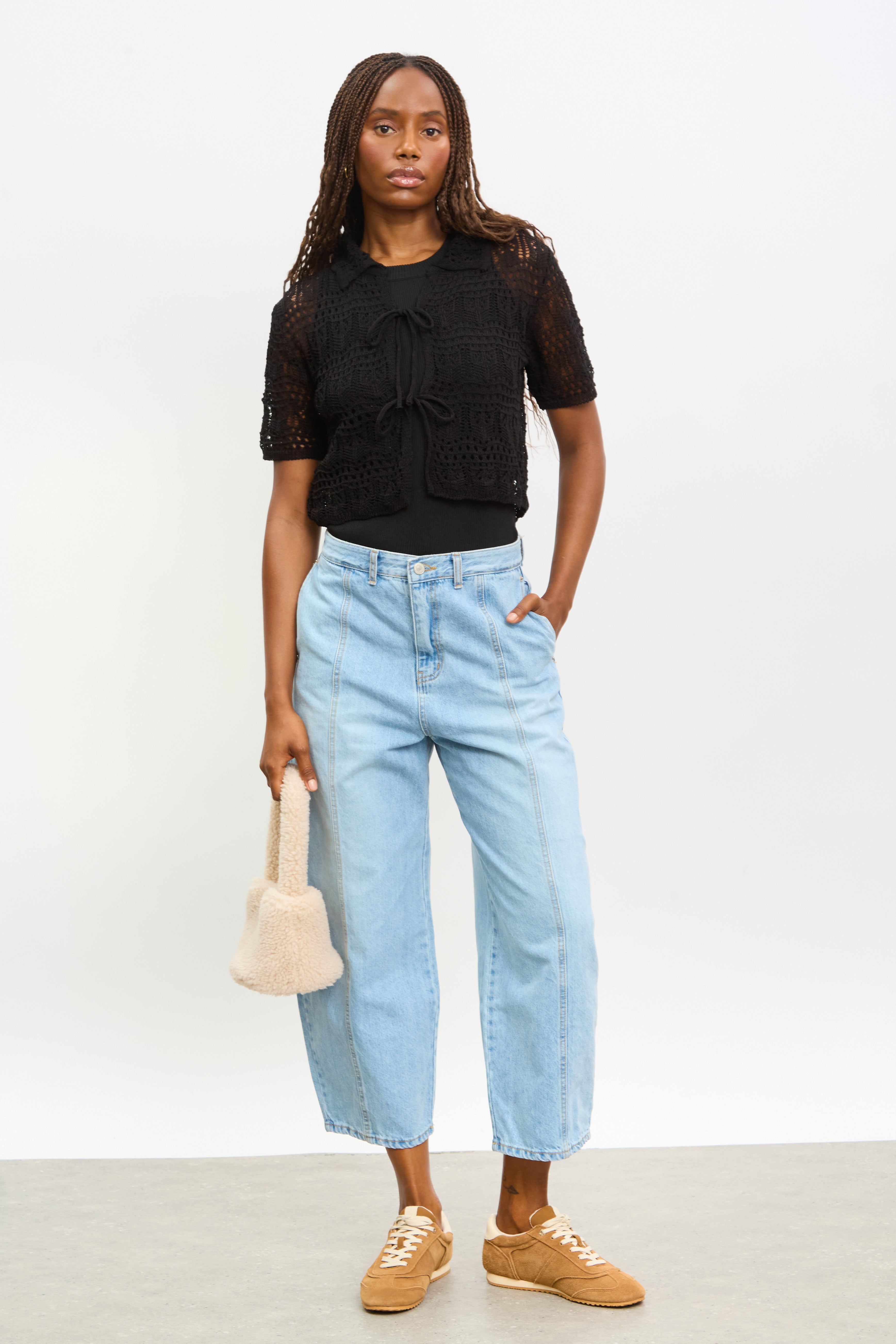 Black crochet knit double tie front top_4