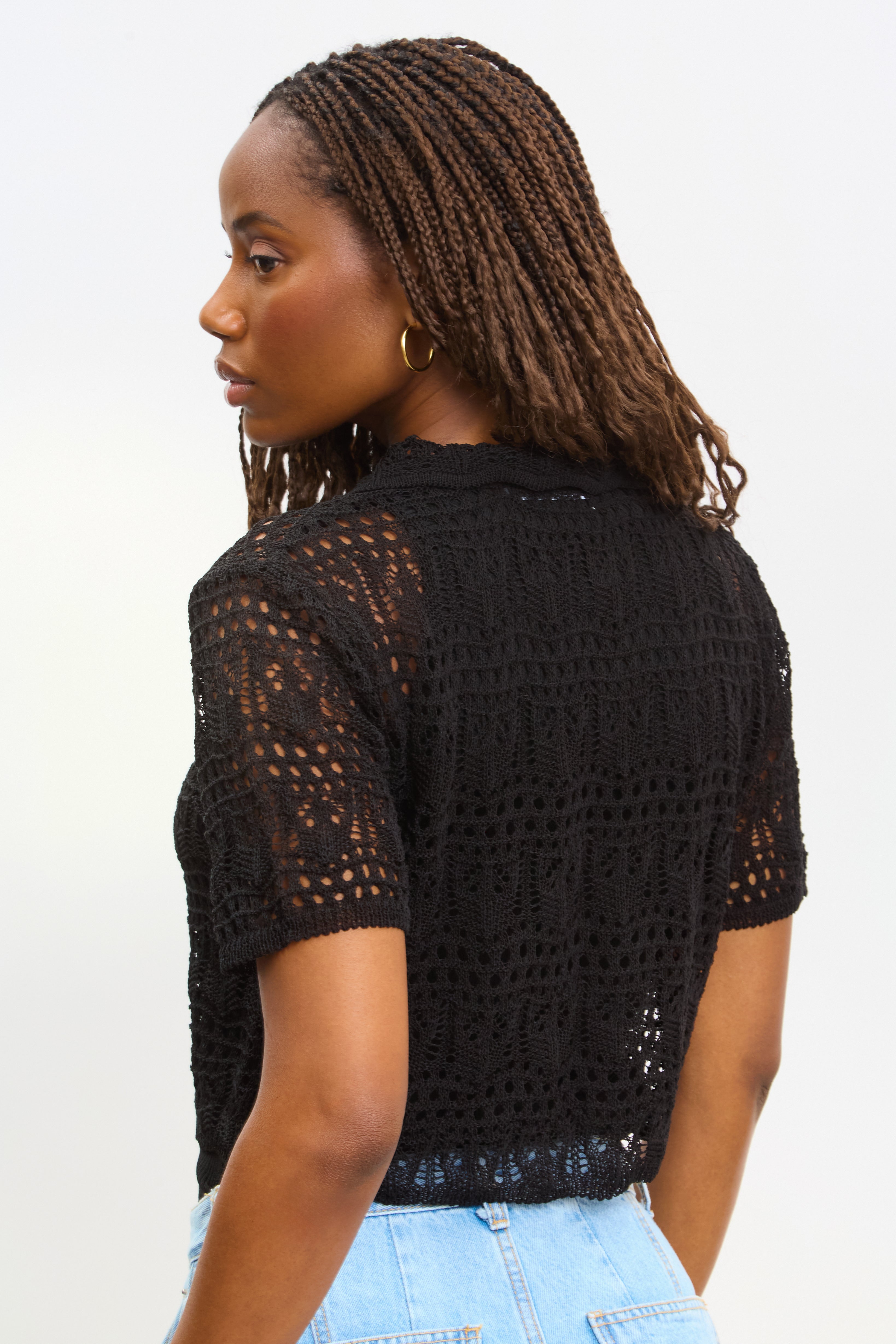 Black crochet knit double tie front top_2