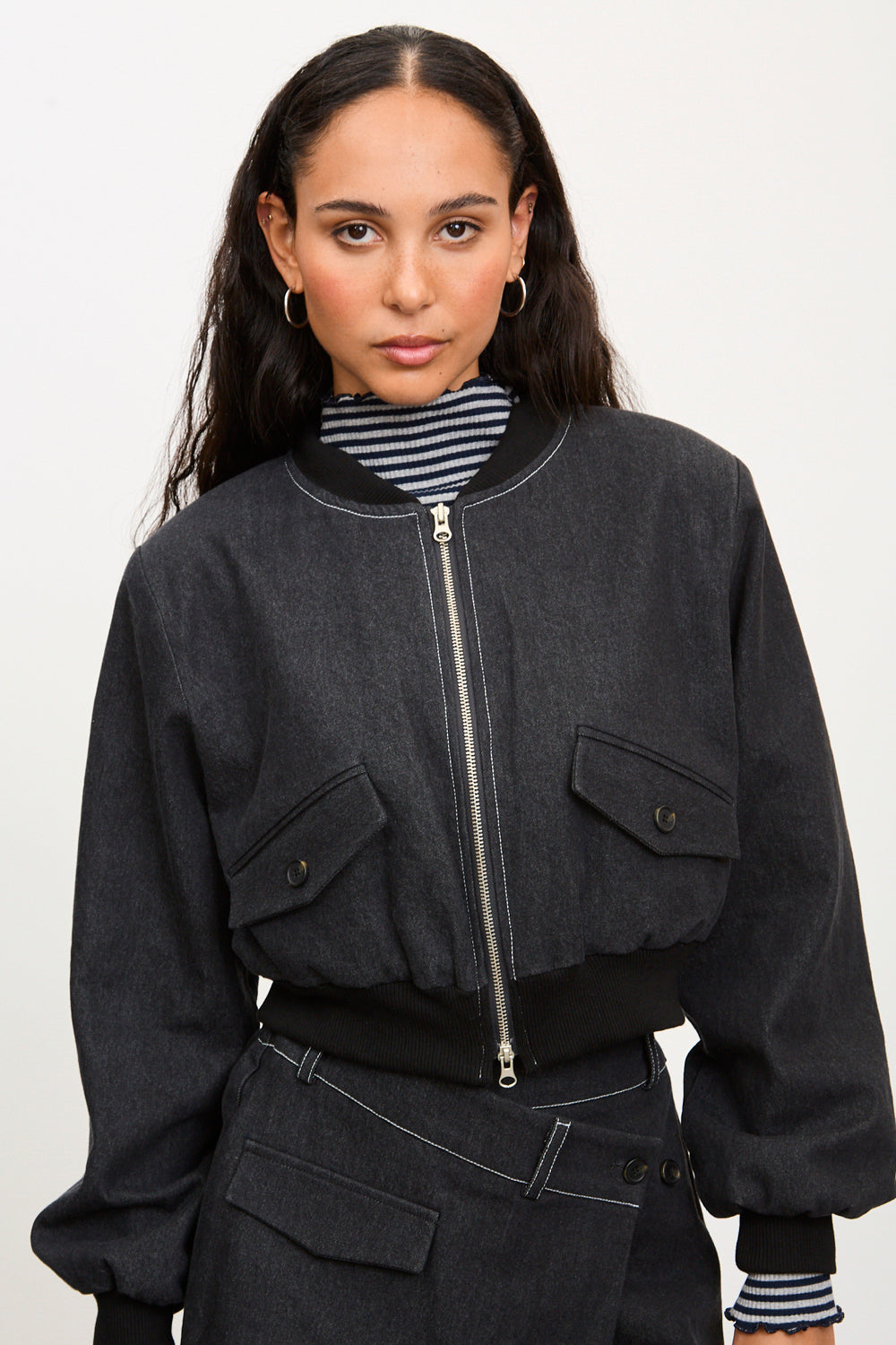 Black denim contrast stitch bomber_1