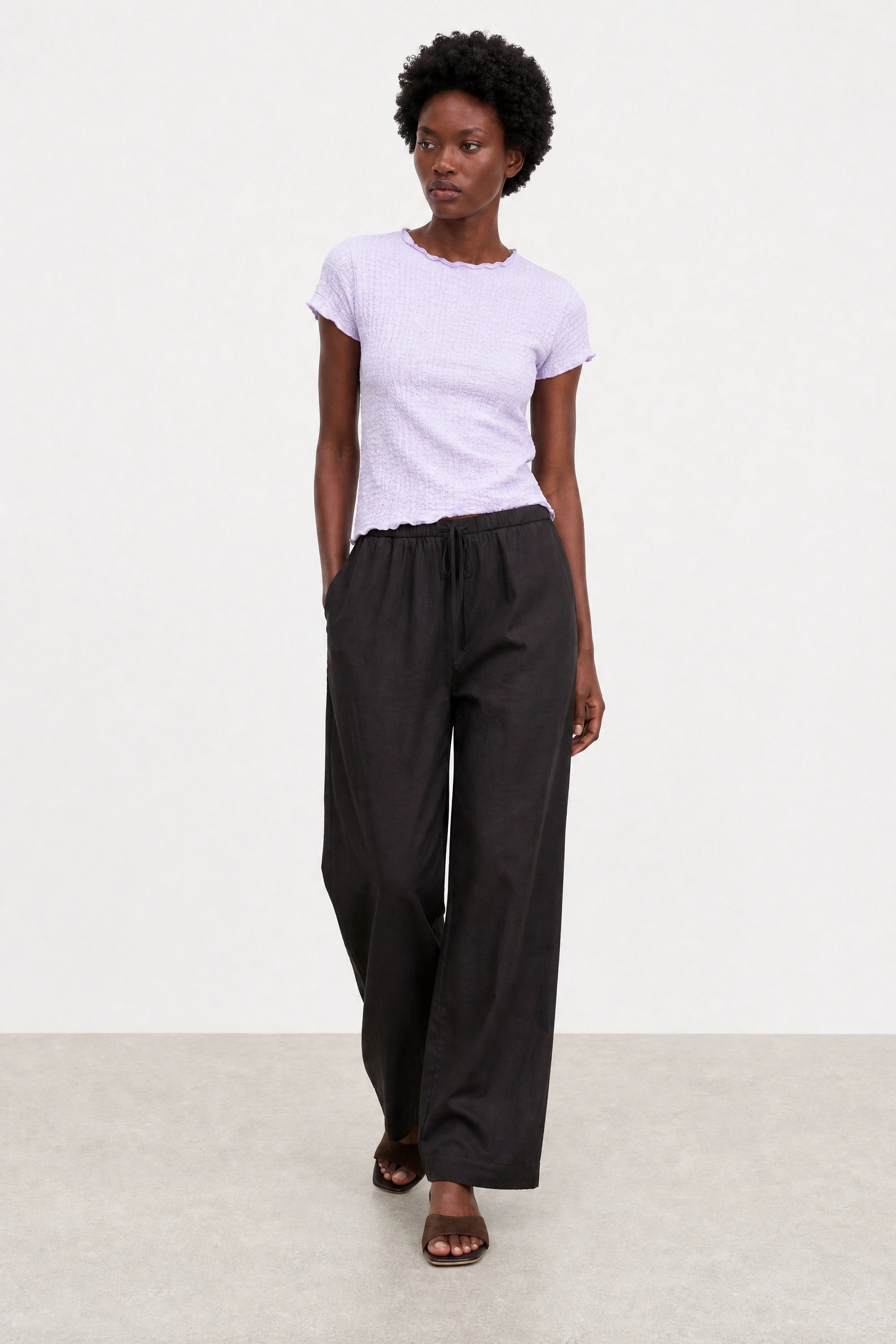 Black floaty wide leg drawstring trousers_4