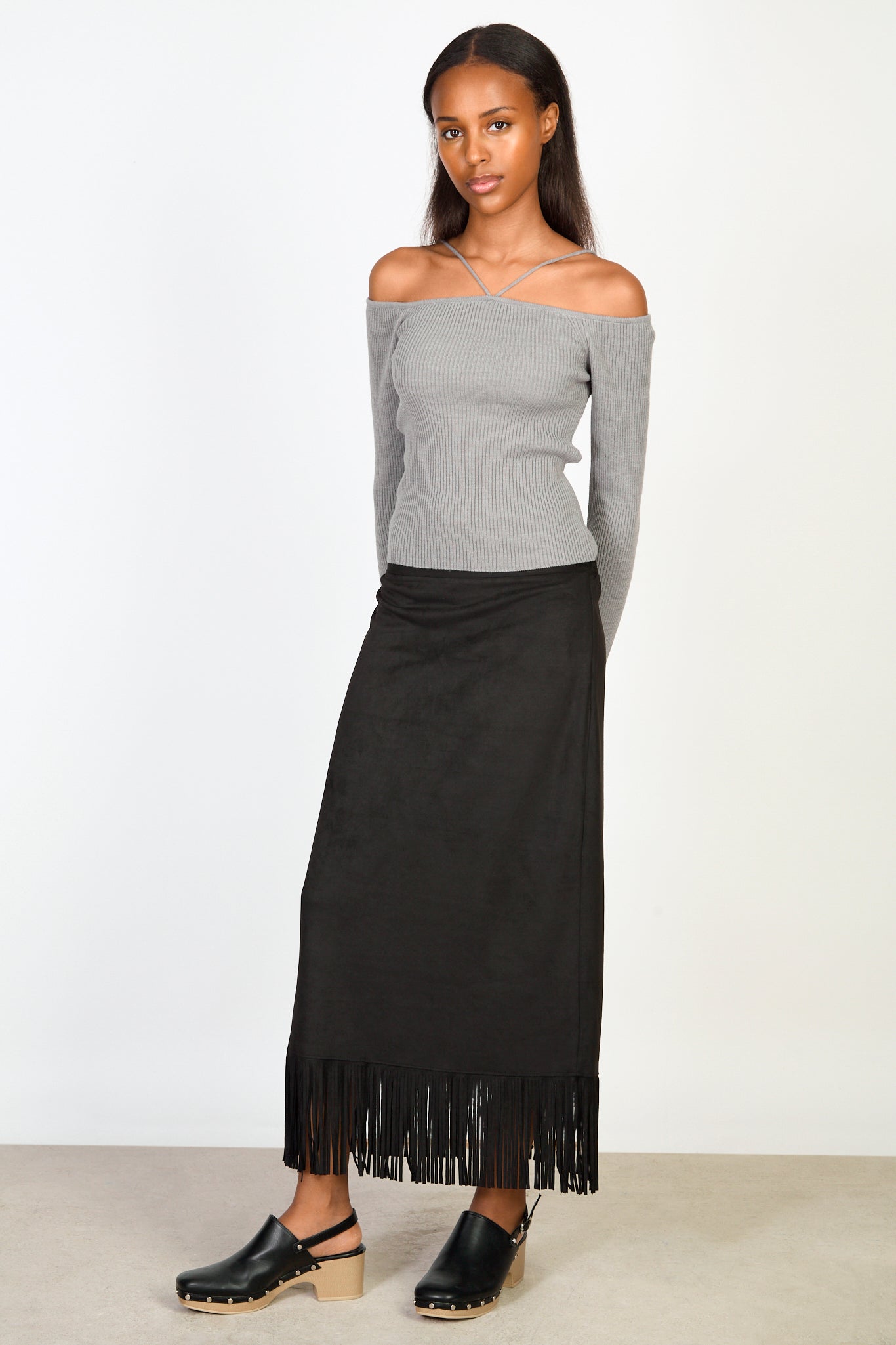 Black fringe hem midi skirt_4