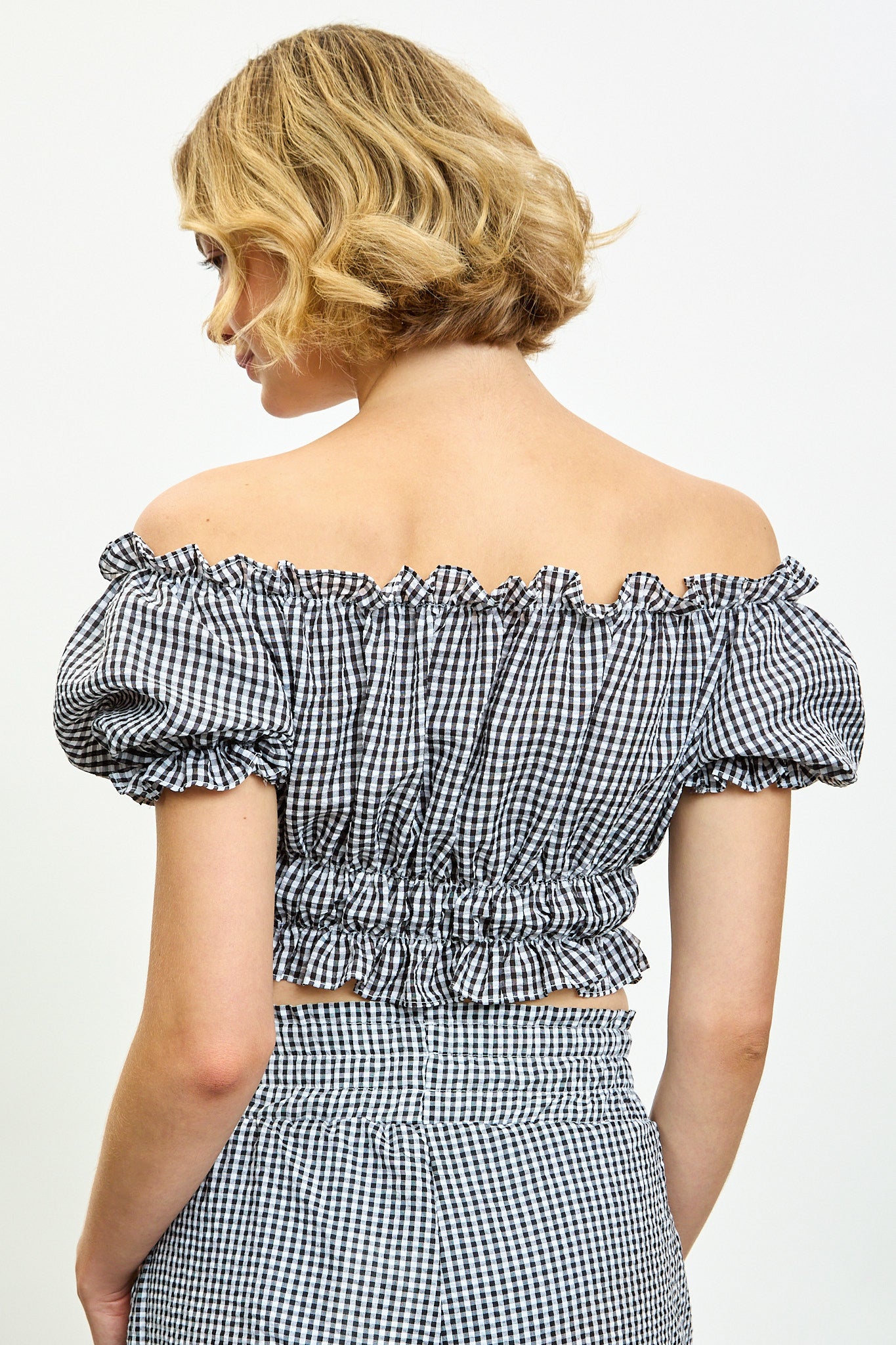 Black gingham ruched off shoulder top_2