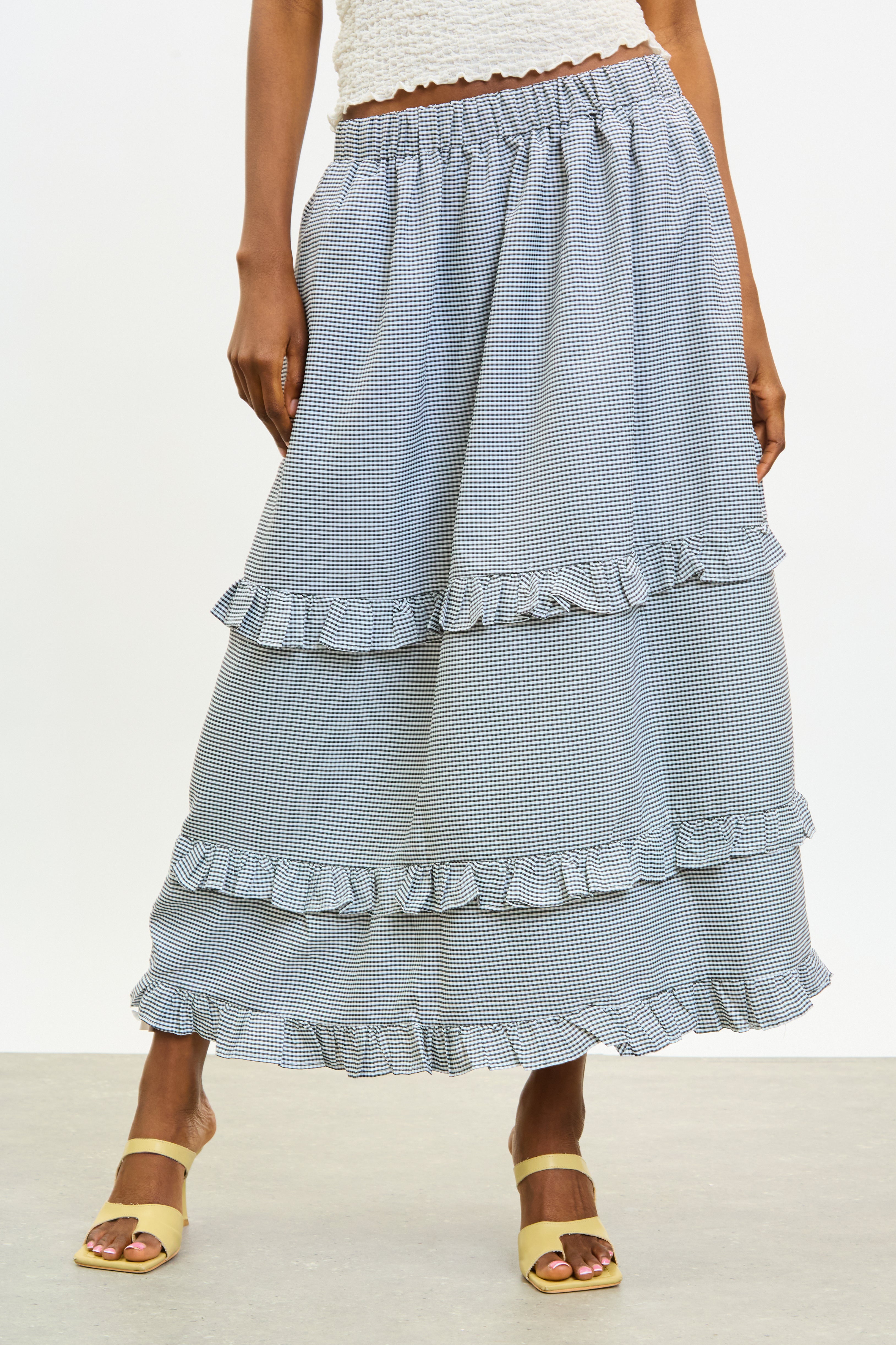 Black gingham tiered ruffle trim skirt_1