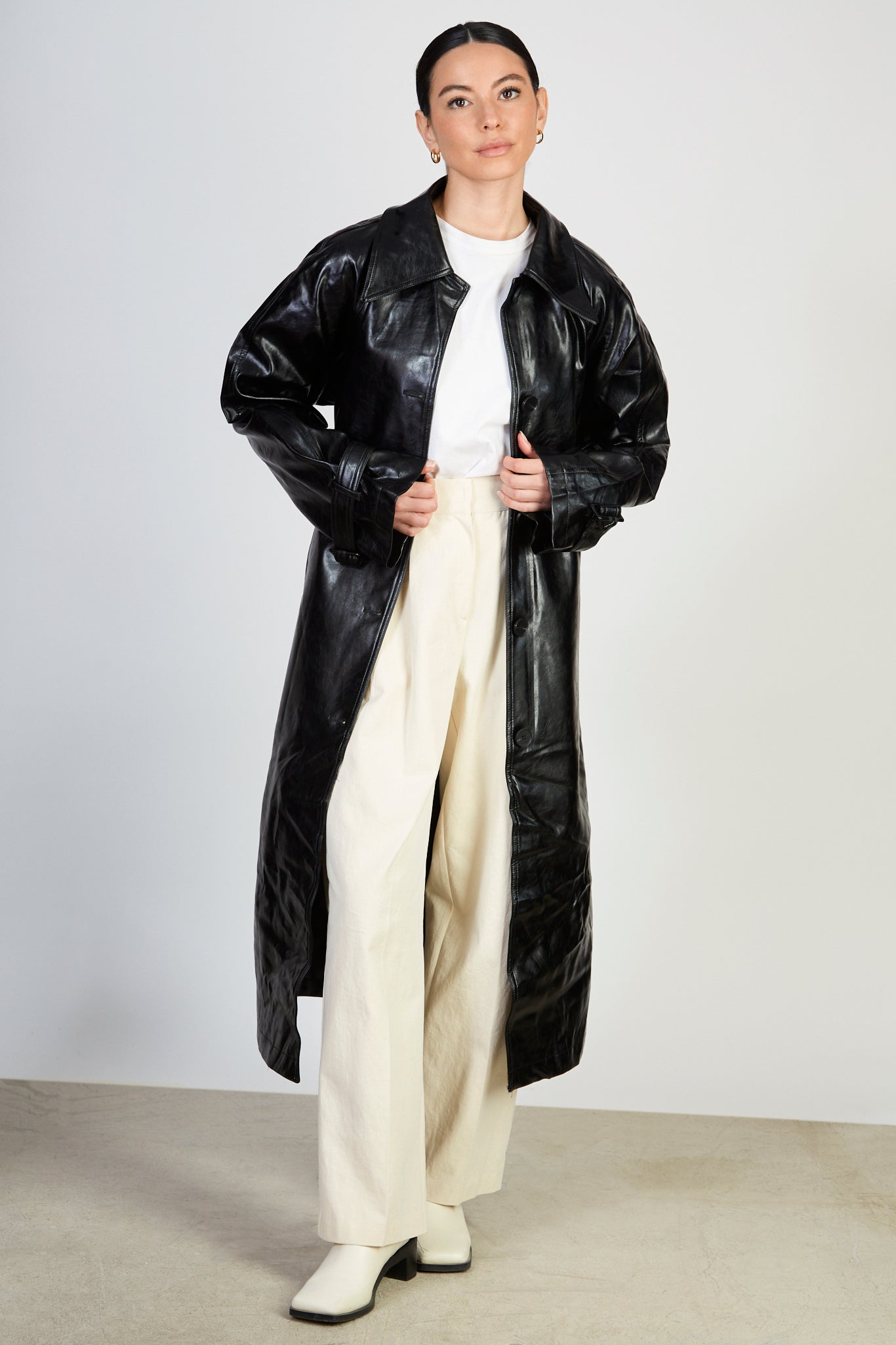 Black high shine vegan leather coat_1