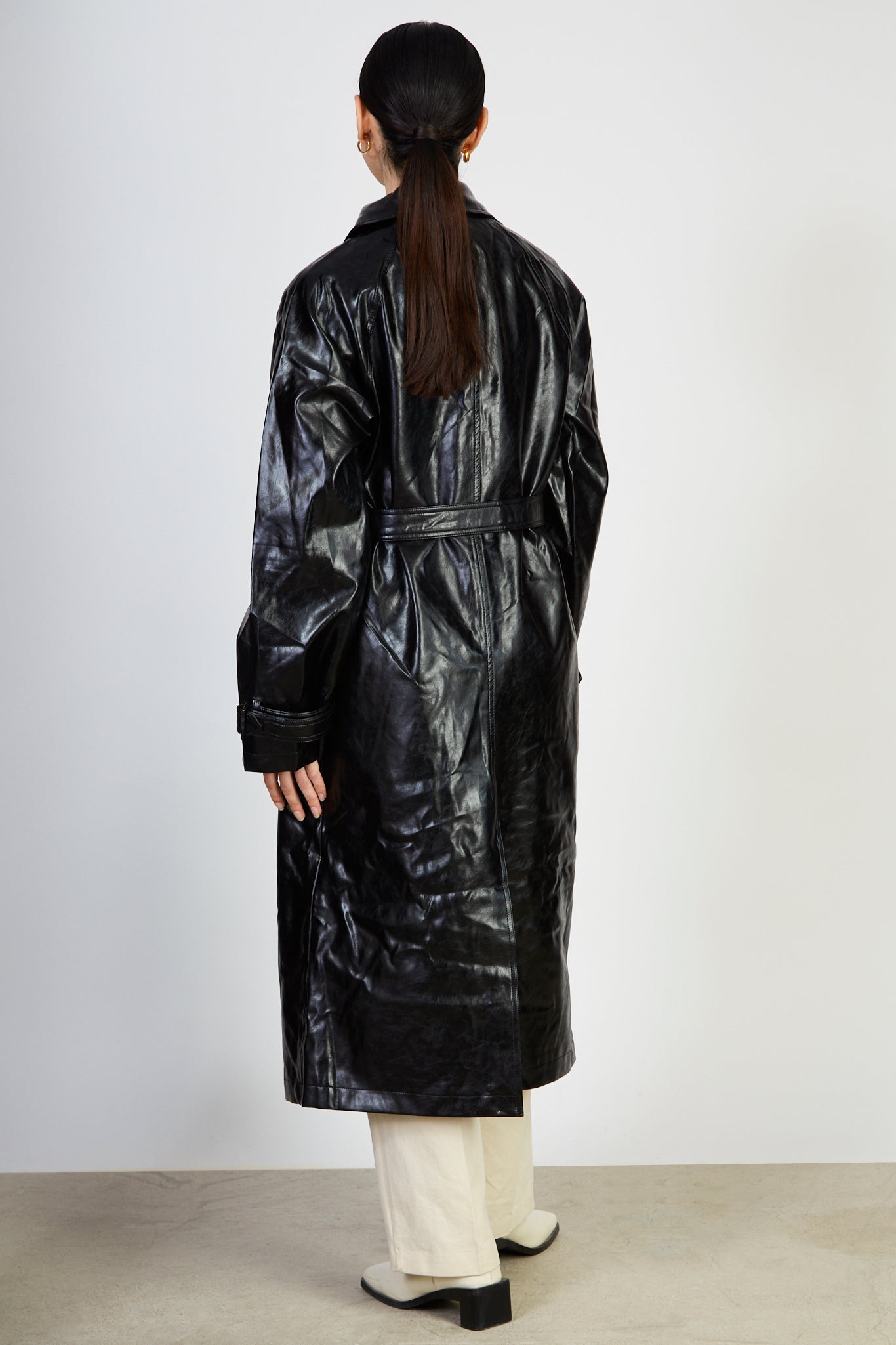 Black high shine vegan leather coat_2