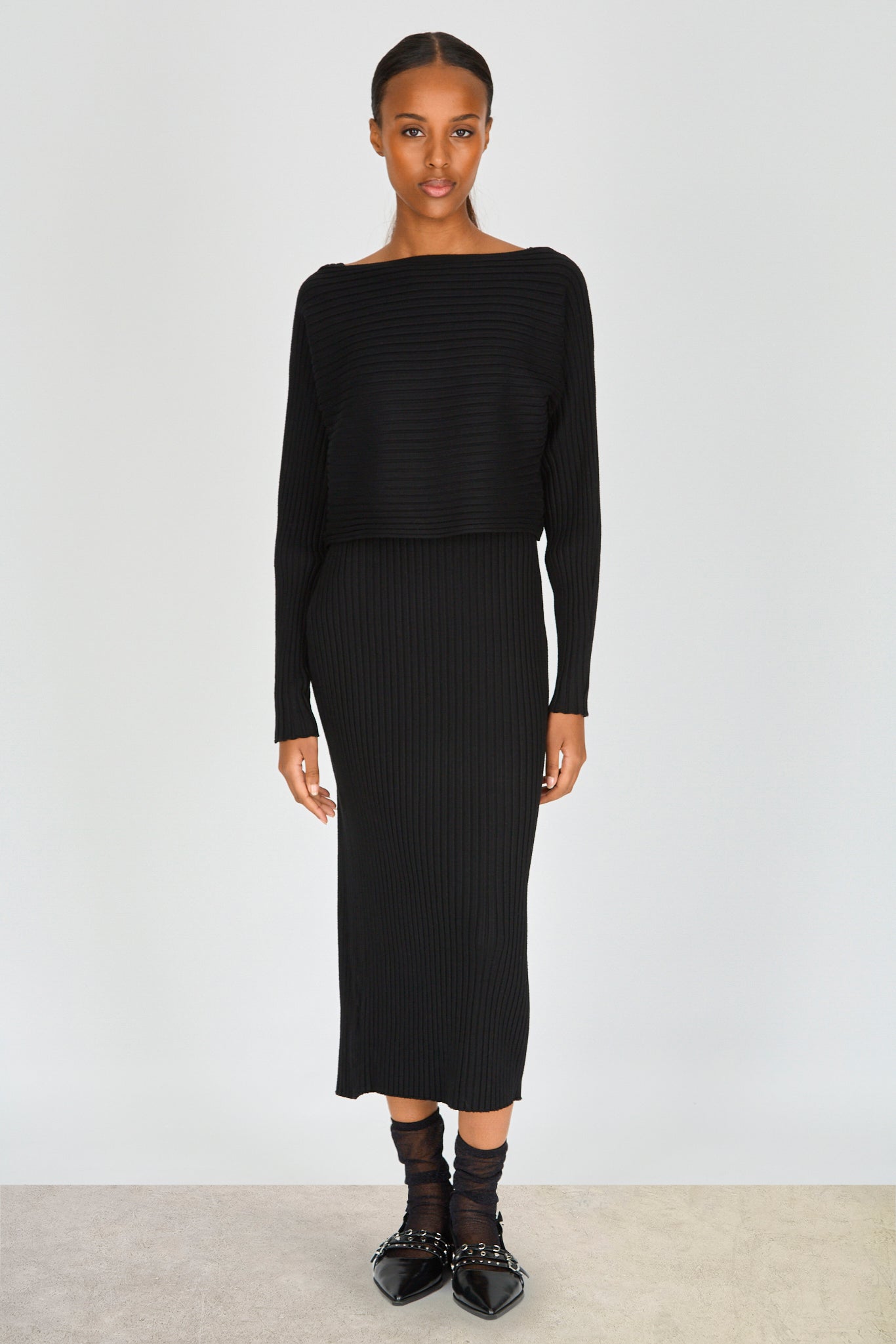 Black horizontal knit layered tank knit dress_1