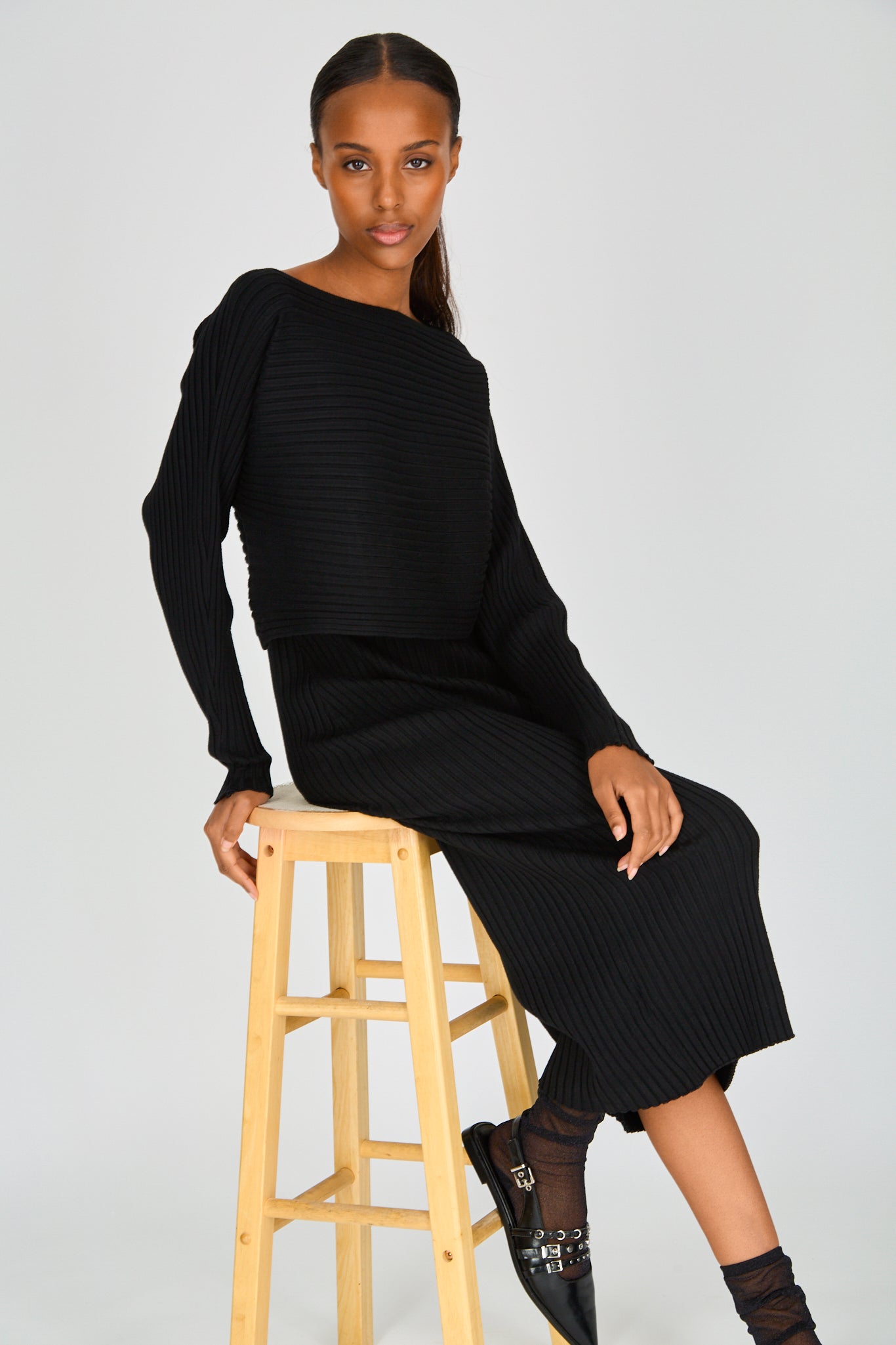 Black horizontal knit layered tank knit dress_6