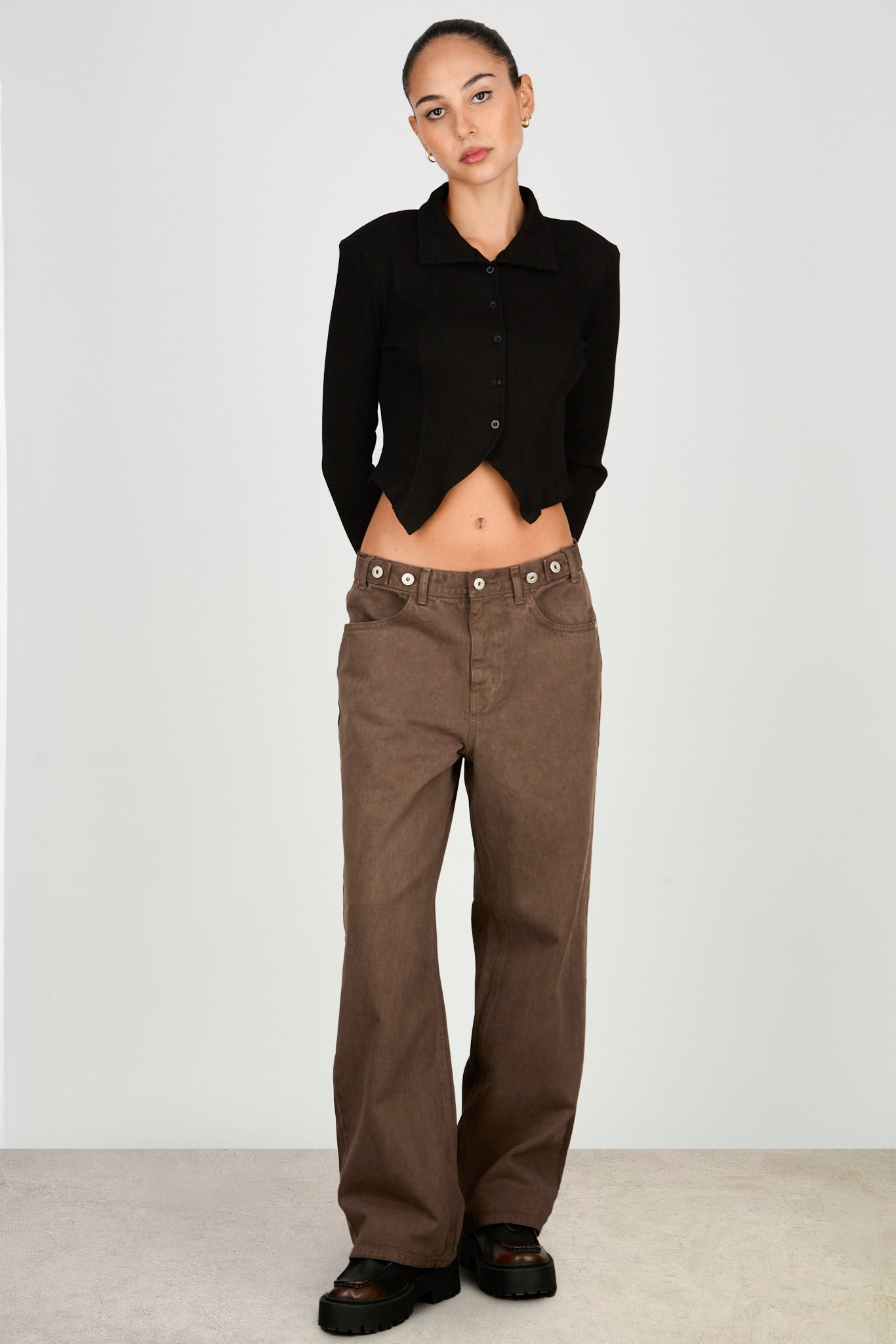 Black jersey sharp shoulder button front top_5