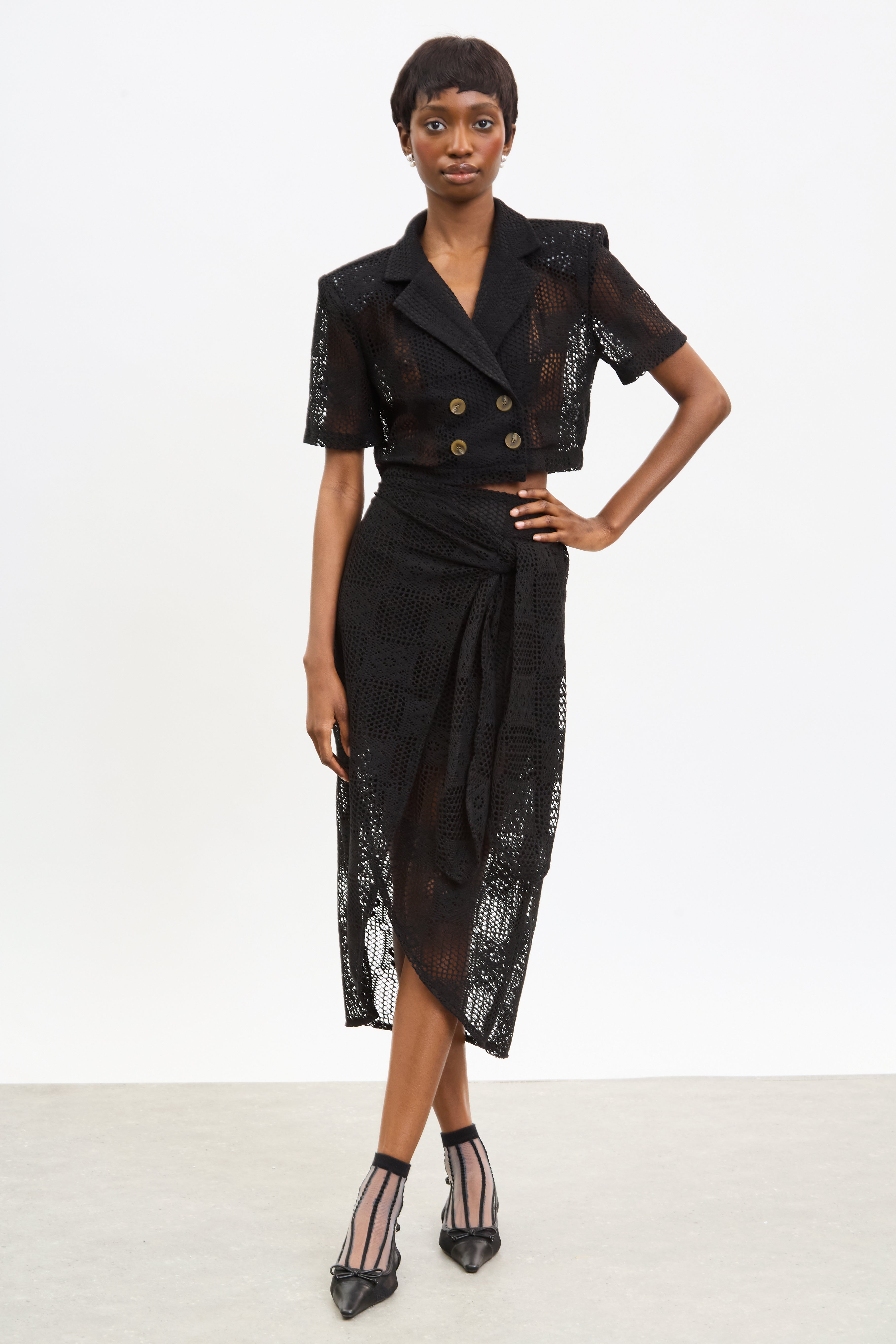 Black lace tie waist skirt_4