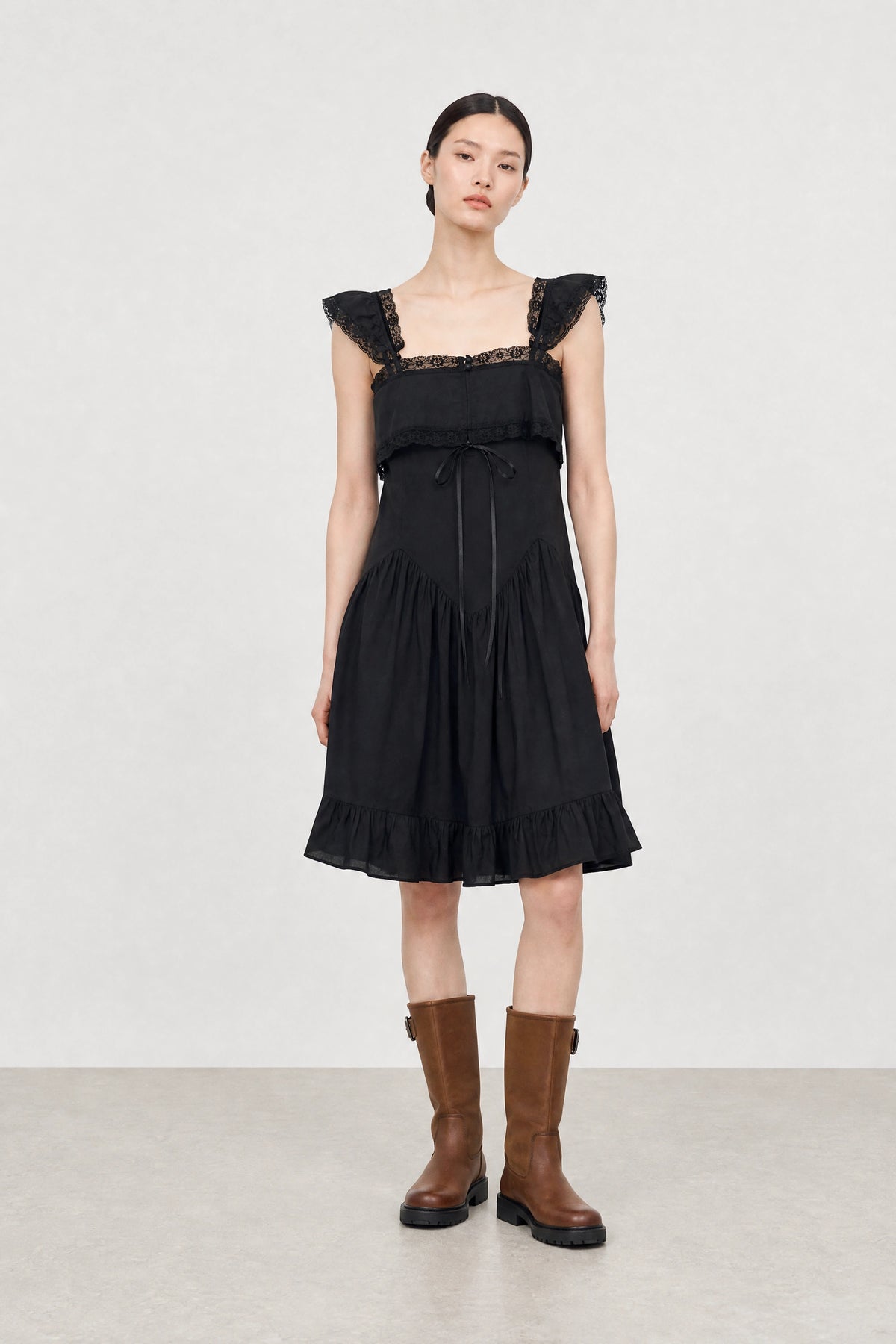 Black lace trim ruffle hem dress_1