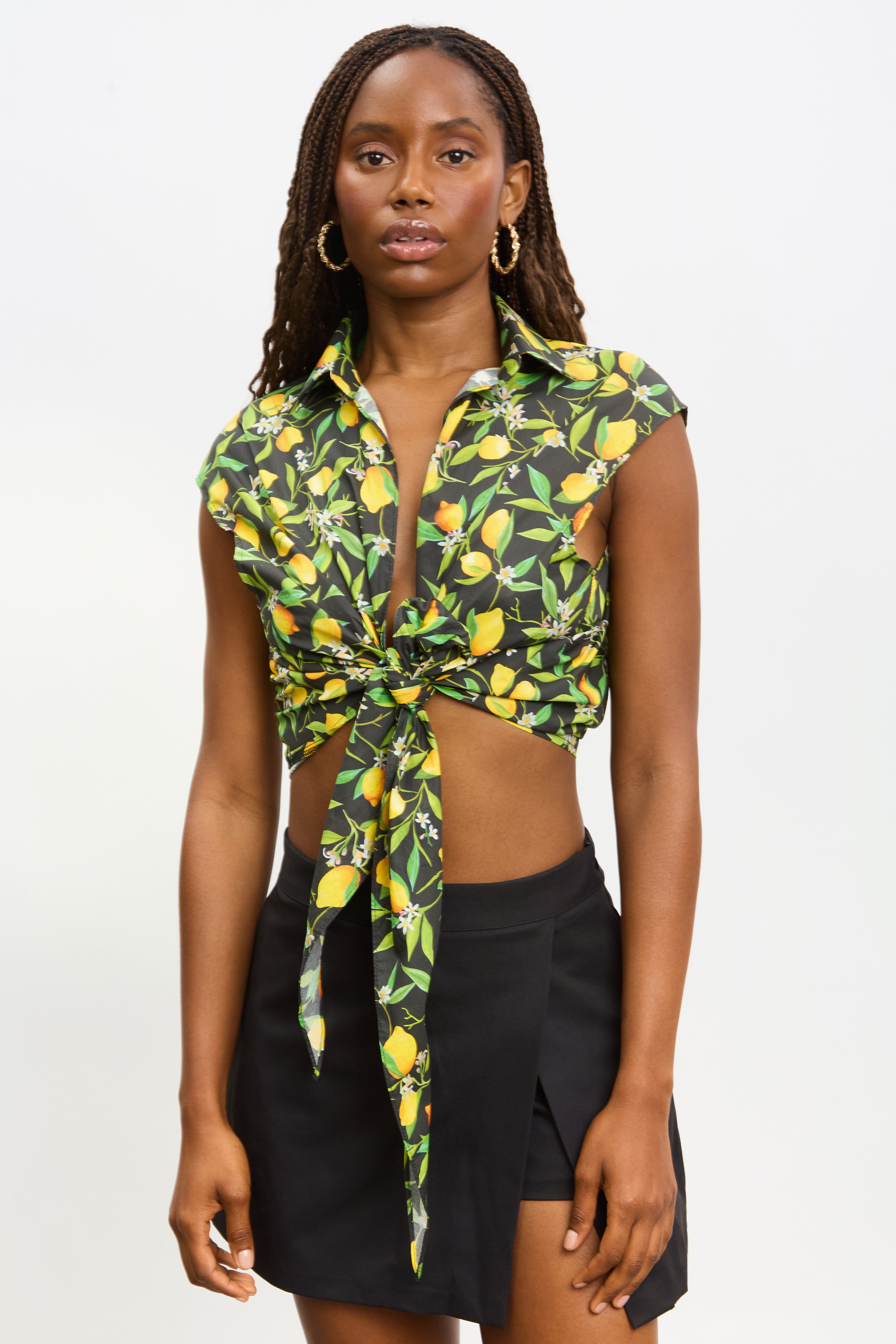 Black lemon print plunging tie front shirt_1